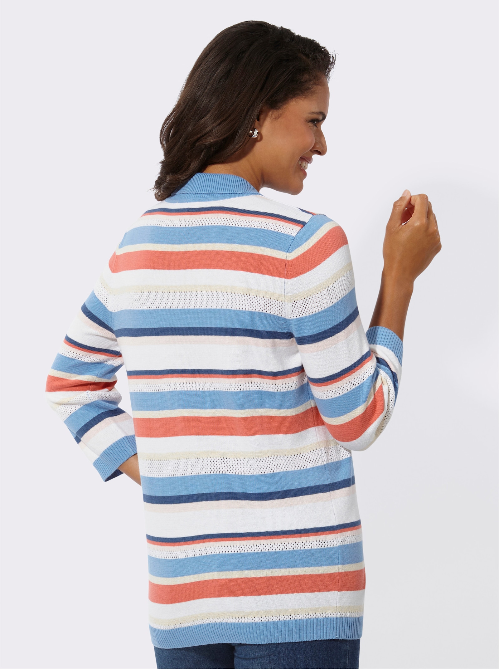 Polopullover mit Polokragen - jeansblau-koralle-geringelt