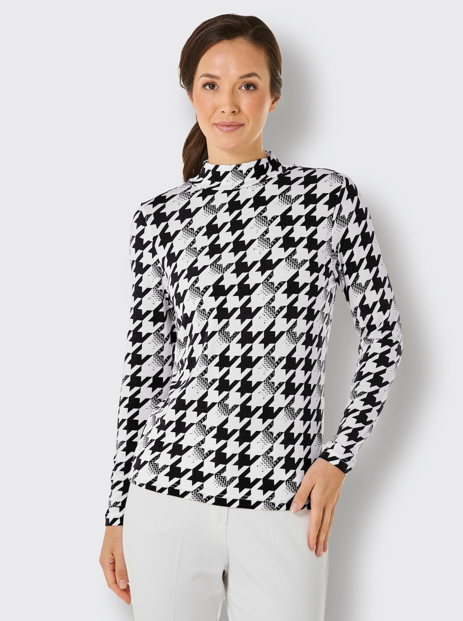 CREATION L PREMIUM Stehkragenshirt mit wärmender Wolle - schwarz-ecru-bedruckt