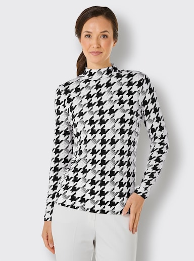 CREATION L PREMIUM Stehkragenshirt mit wärmender Wolle - schwarz-ecru-bedruckt