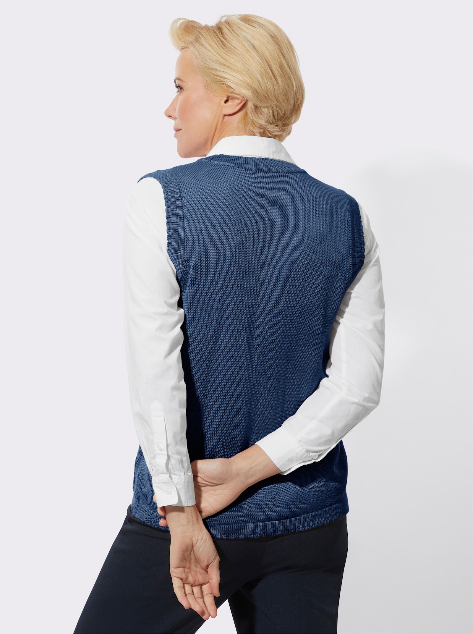 Mouwloos vest met golvende boorden - jeansblauw