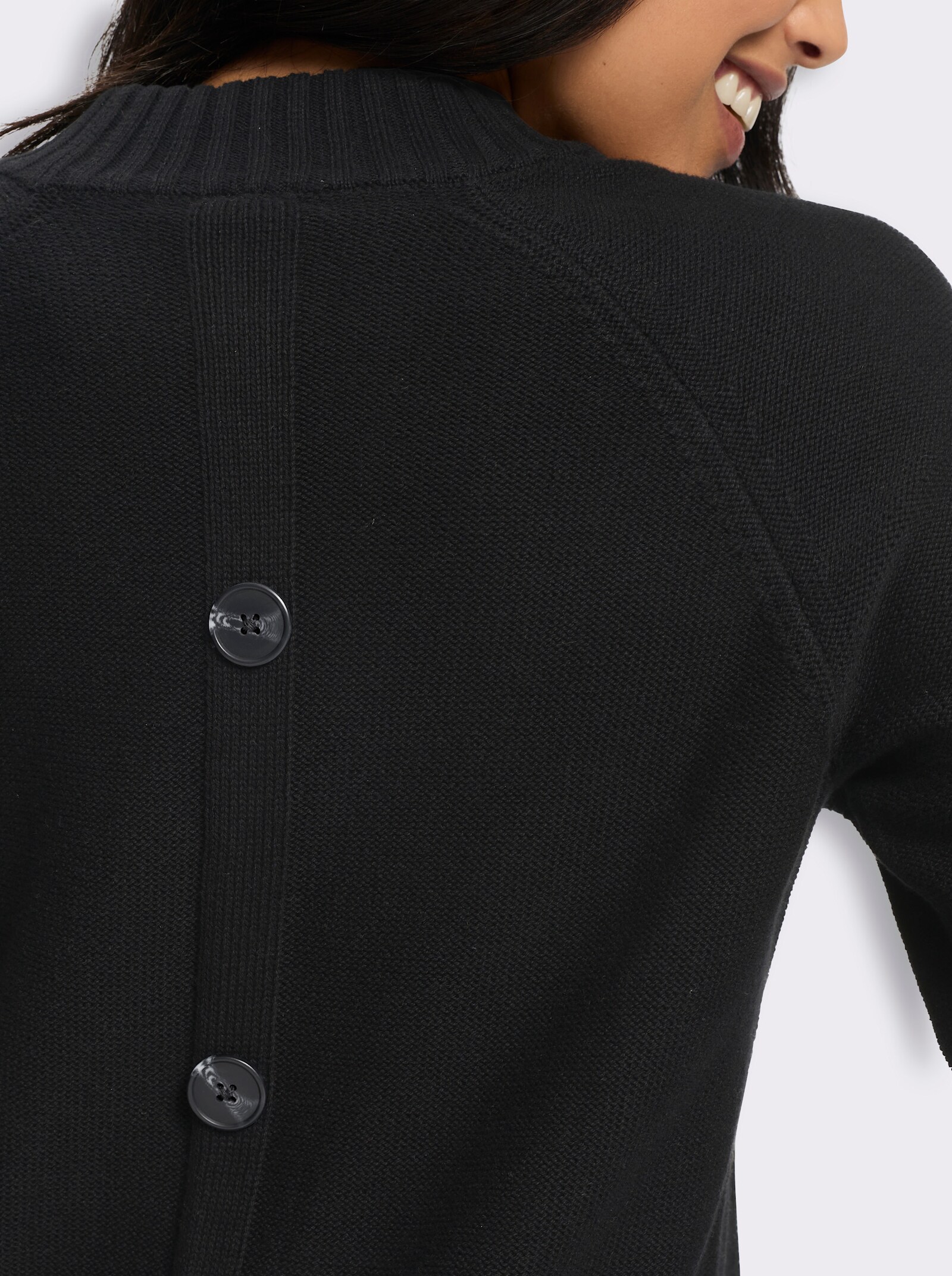 Stehkragenpullover mit Zierknopfleiste hinten - schwarz