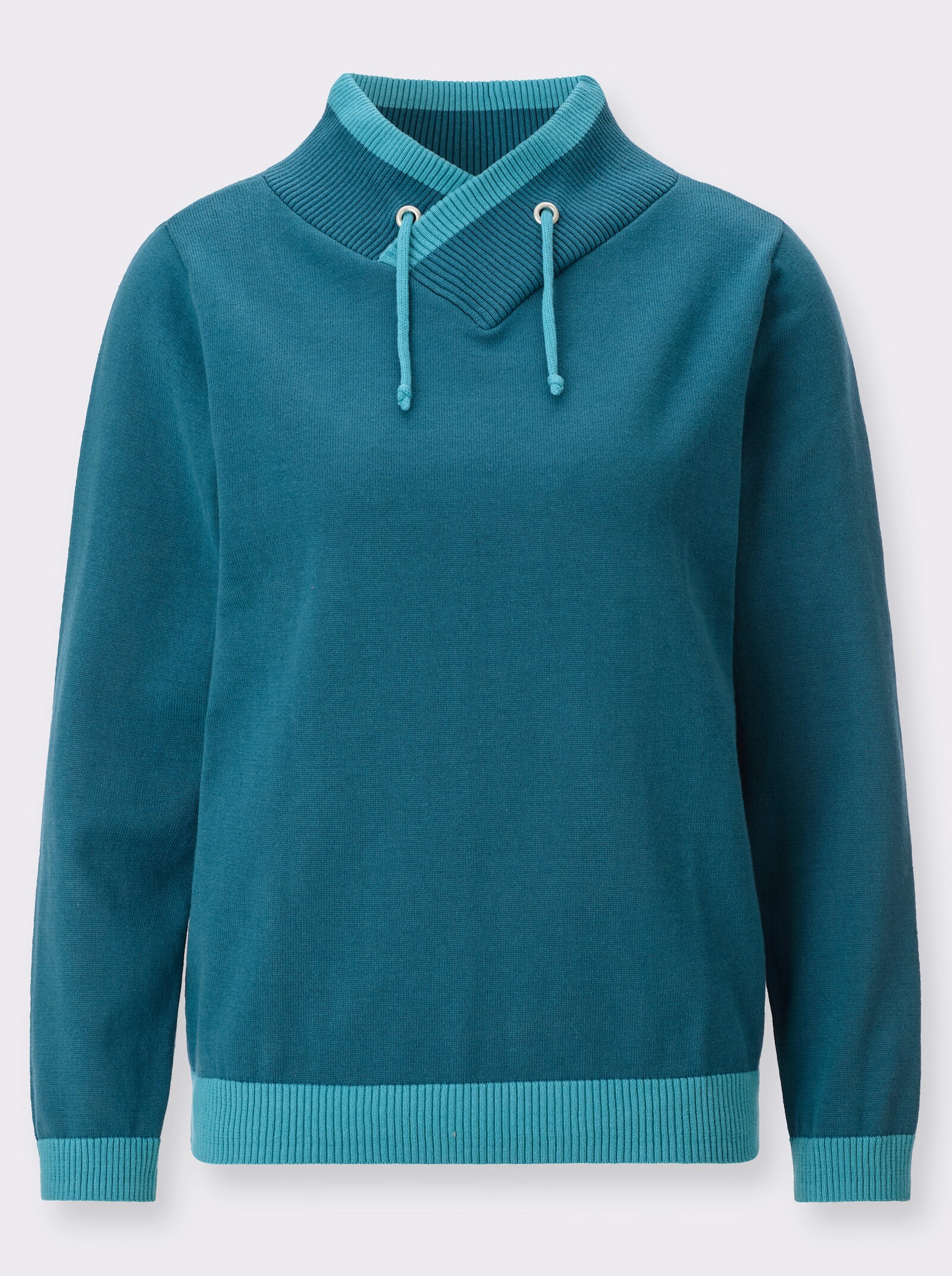 Langarm-Pullover mit kontrastfarbigen Bündchen - aquapetrol-türkis