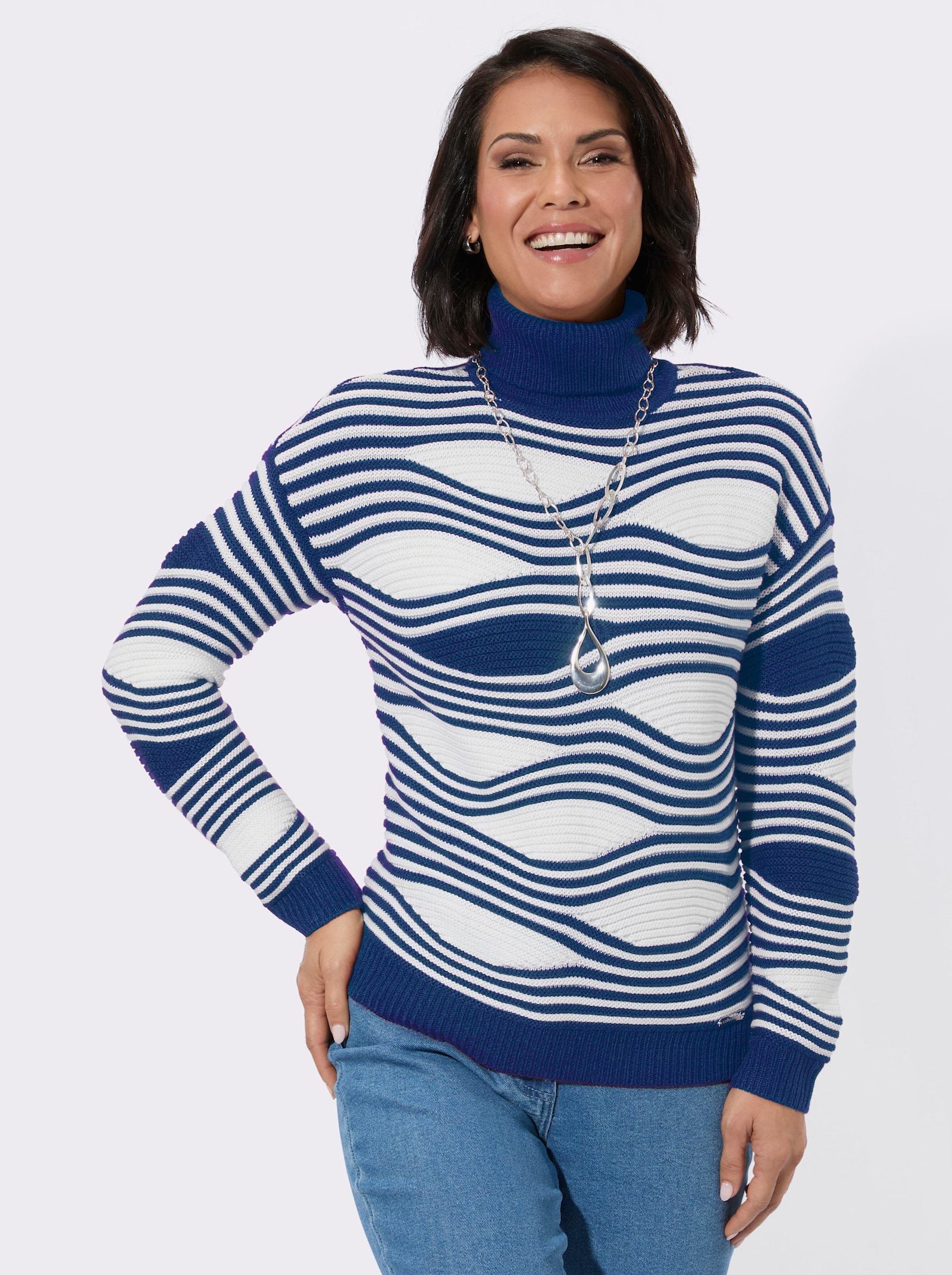 Rollkragenpullover mit Intarsienmuster - royalblau-ecru-gemustert