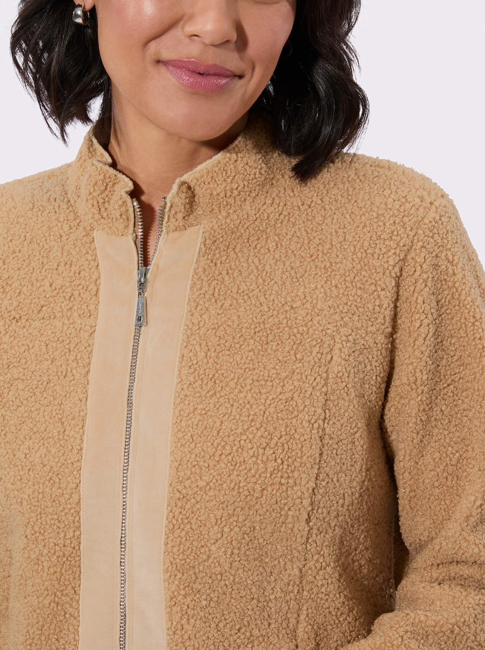 Boucléjacke mit Veloursleder-Opik - camel