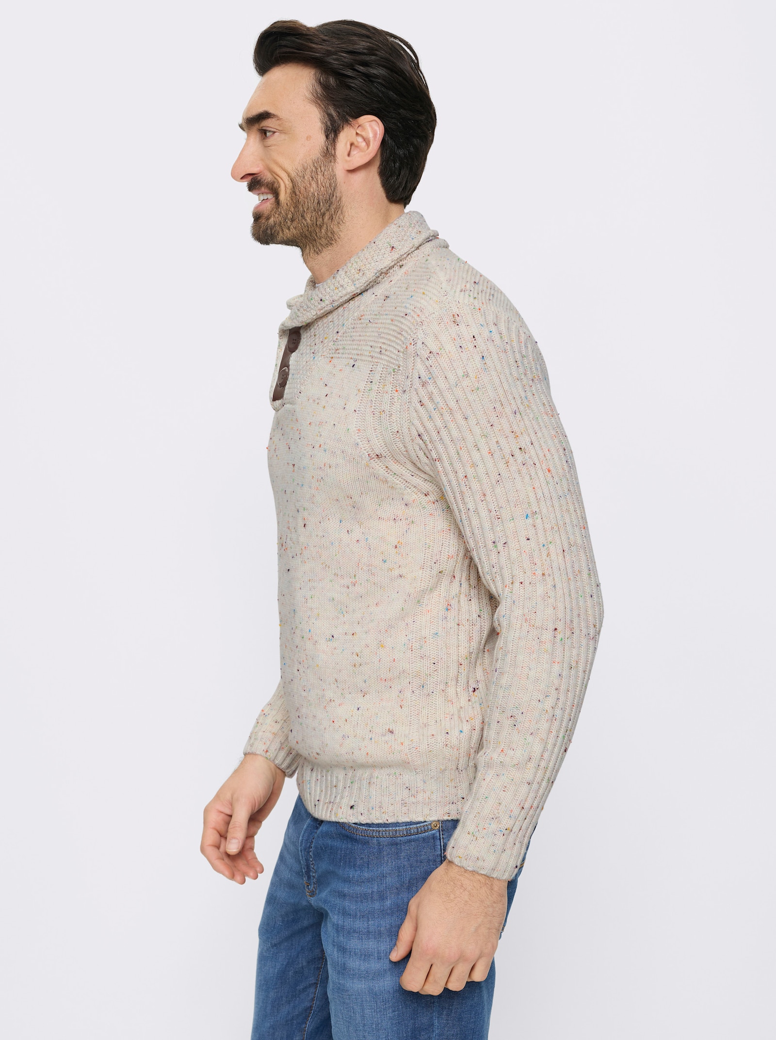 Marco Donati Schalkragenpullover mit Leder-Imitat-Besatz - ecru-gemustert