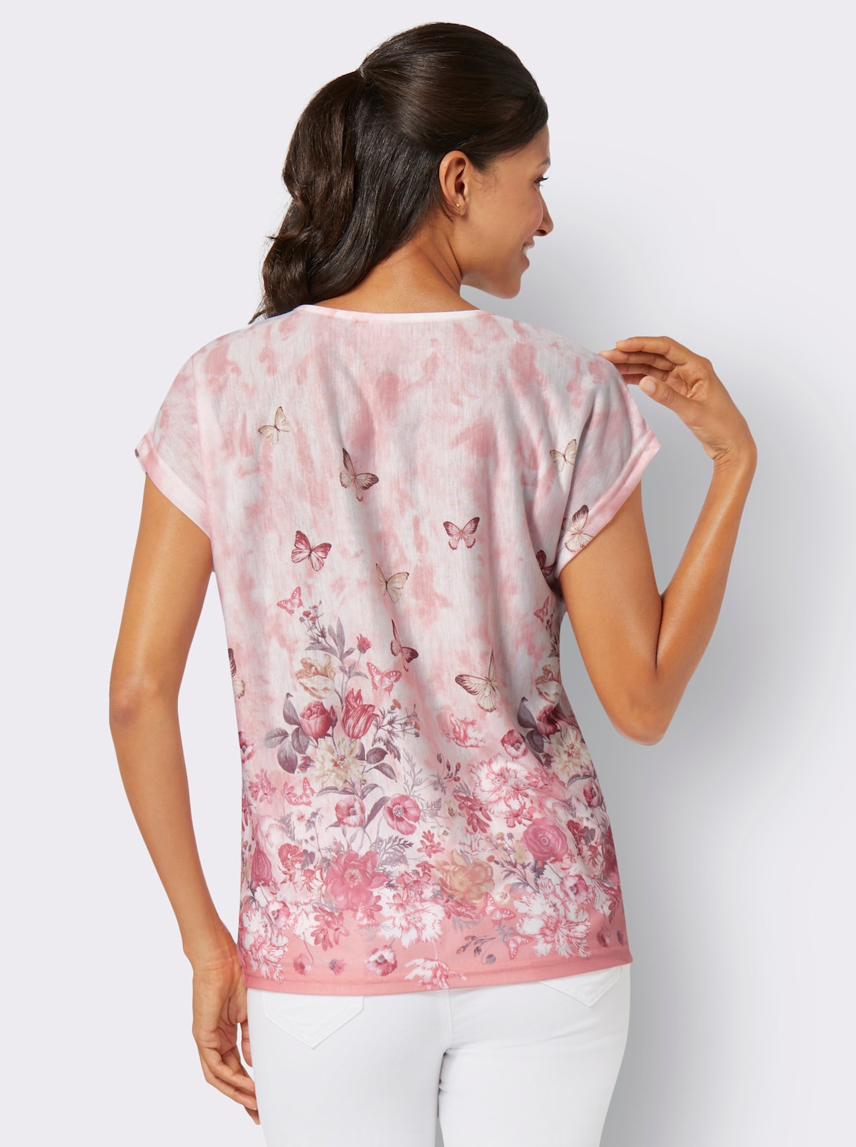 Kurzarm-Shirt - ecru-rosenquarz-bedruckt