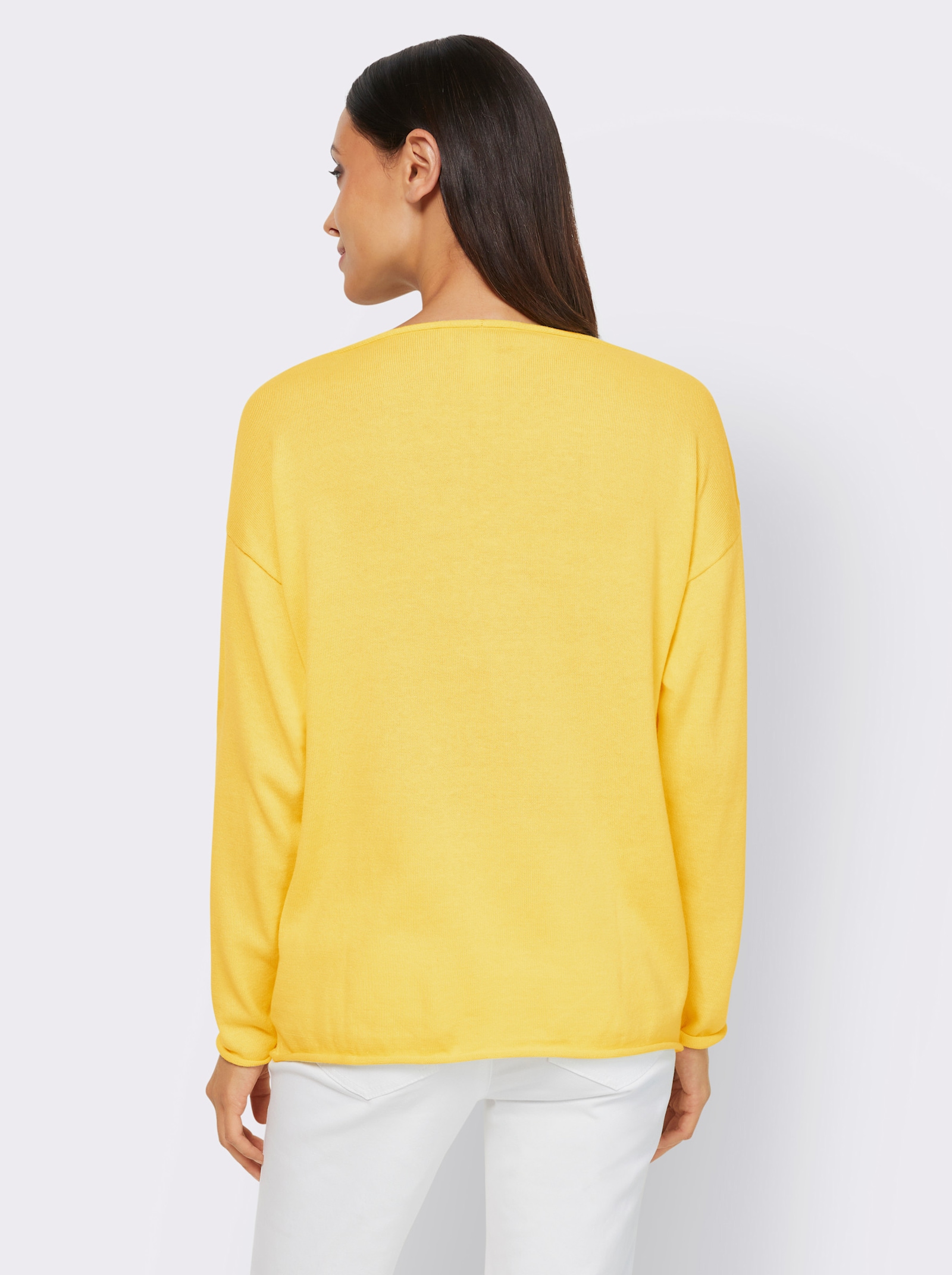 heine Pullover met V-hals en met opschrift van pluisgaren - citroen bedrukt