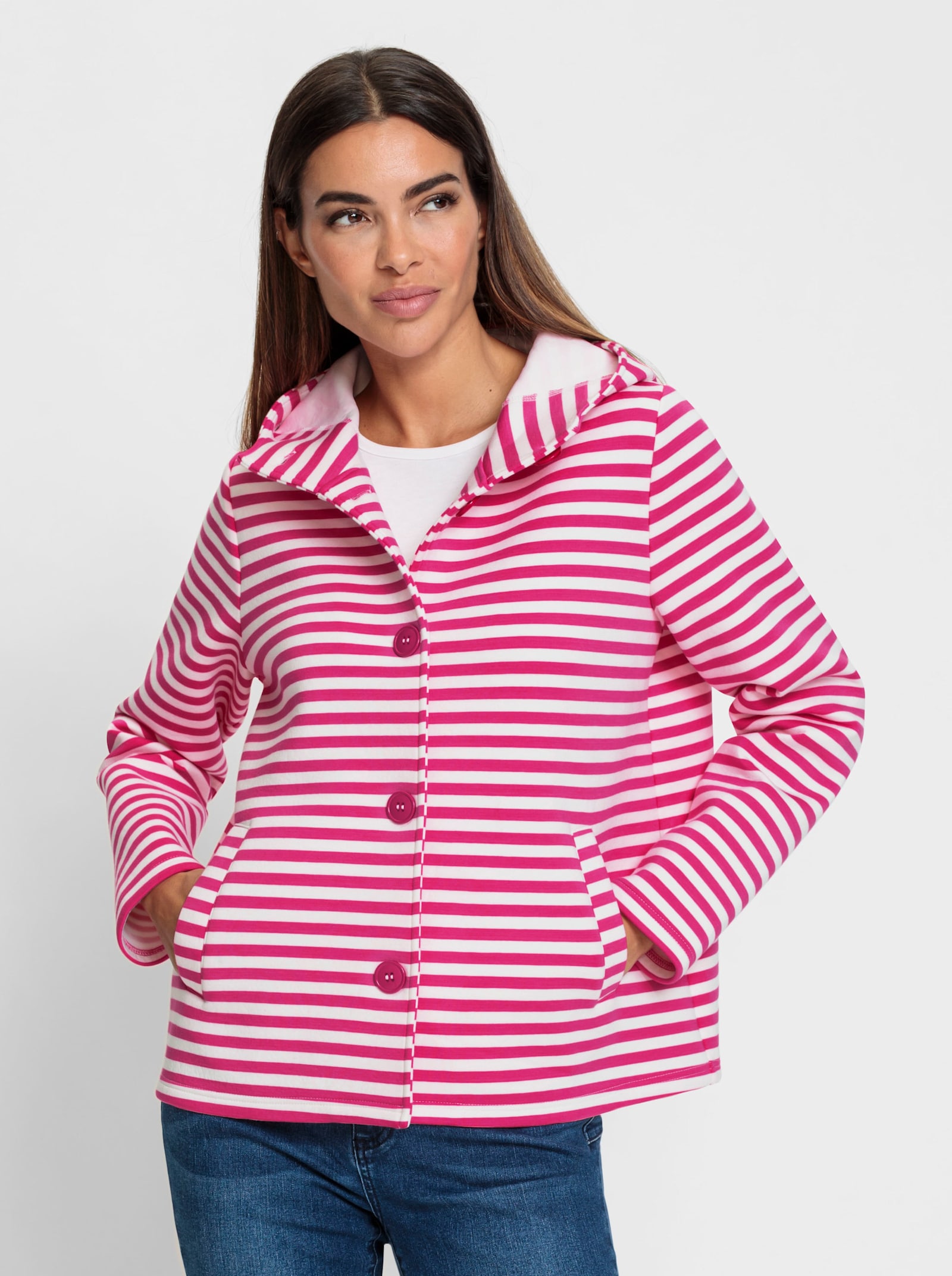 heine Sweatjacke im Neopren-Look - pink-ecru-geringelt
