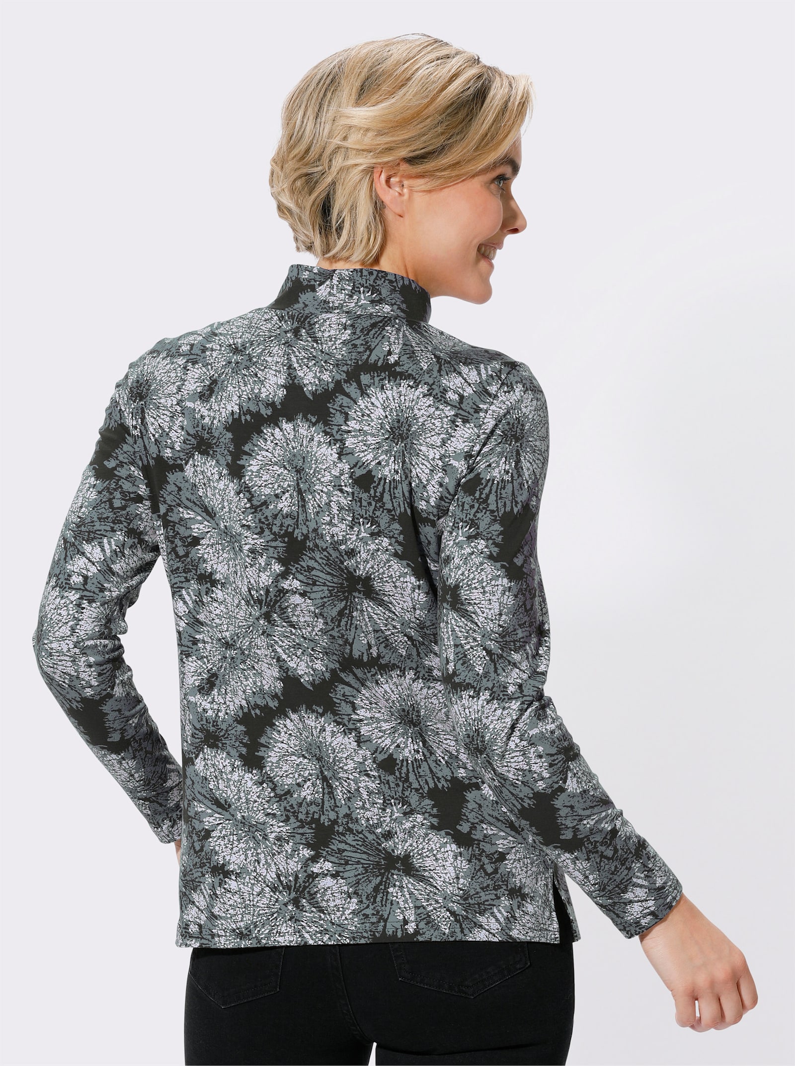 Stehkragenshirt mit Seitenschlitzen - jade-graphit-bedruckt