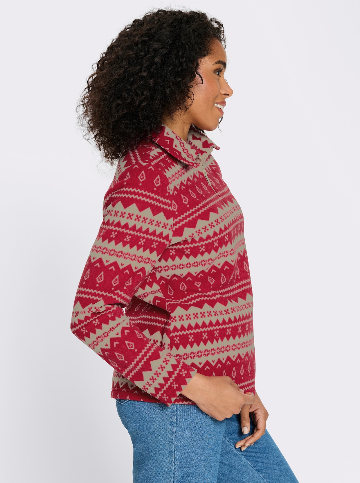Fleeceshirt mit Streifen-Muster - rot-beige-bedruckt