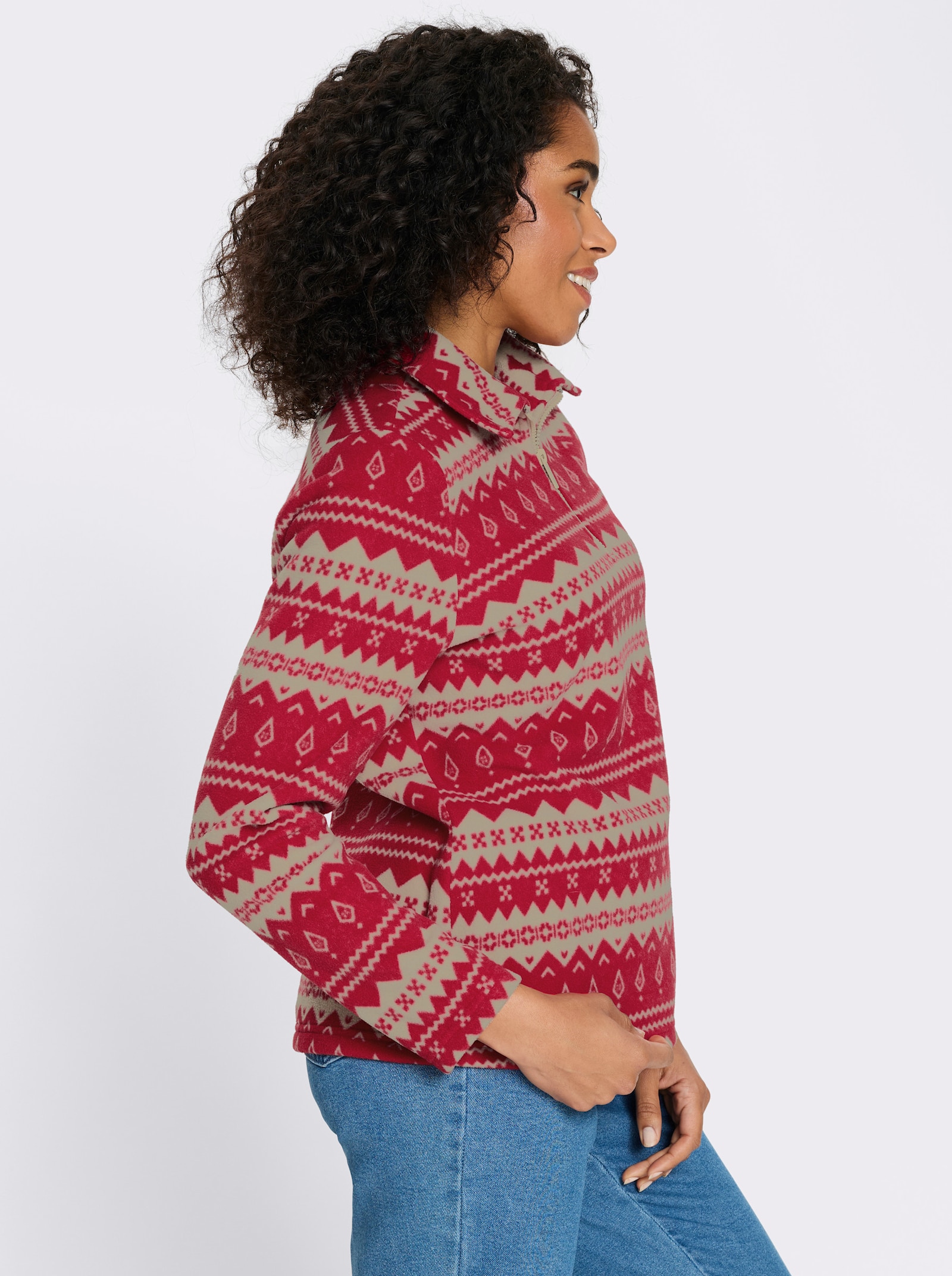 Fleeceshirt mit Streifen-Muster - rot-beige-bedruckt