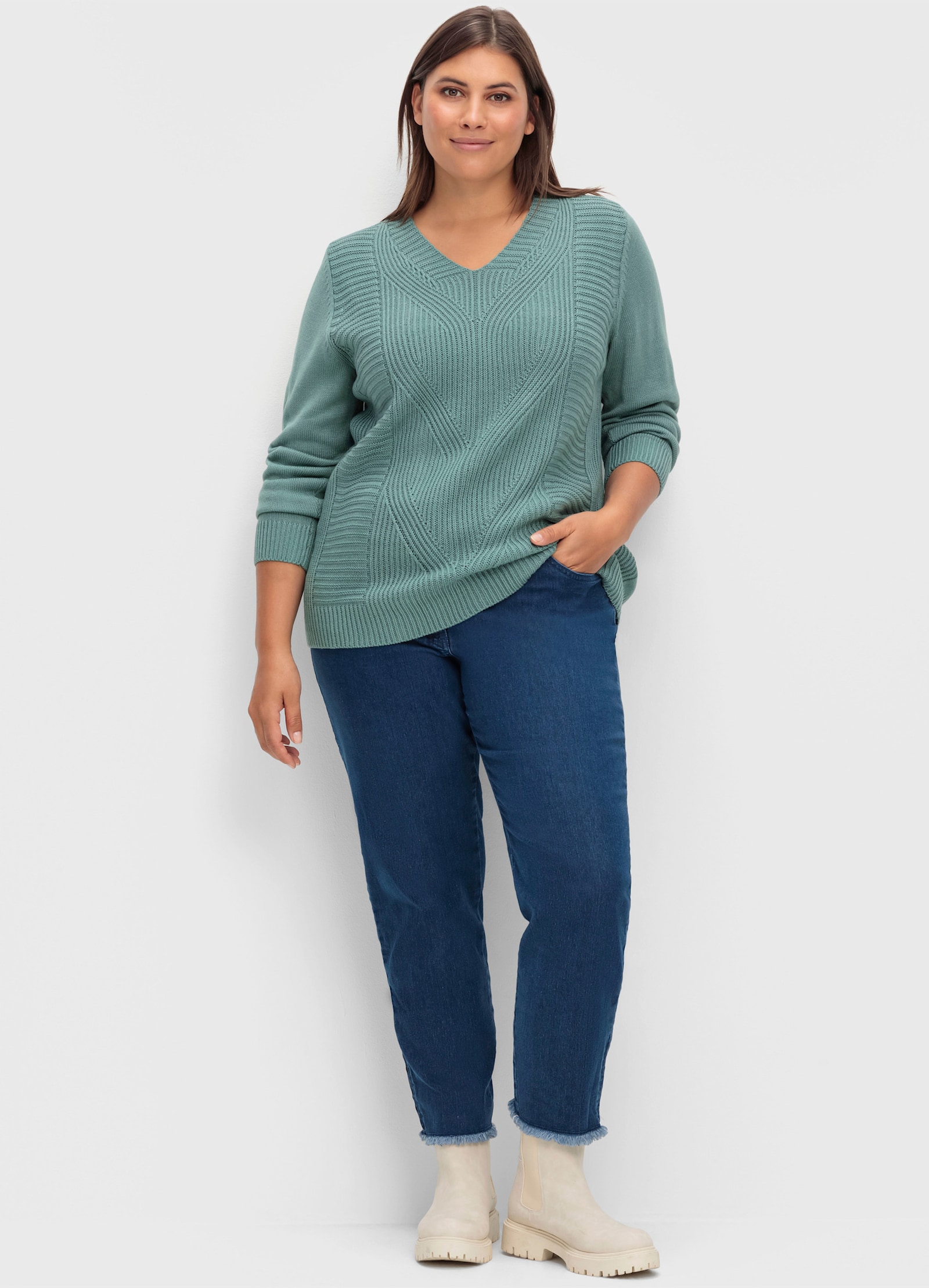 Langarm-Pullover mit Zopfmuster - jade
