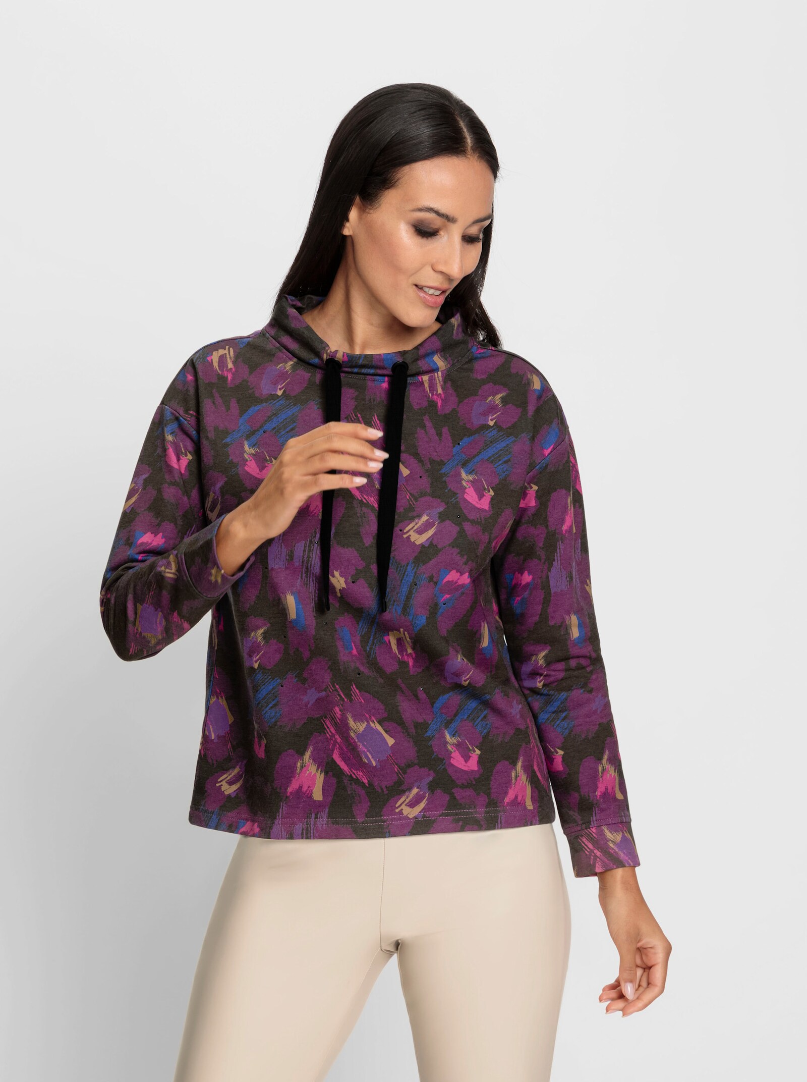 heine Sweatshirt mit halsfernem Stehkragen - camel-lila-bedruckt