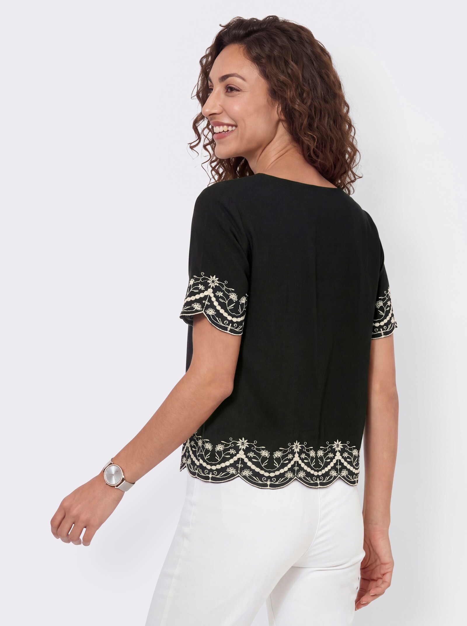 Kurzarm-Bluse mit floraler Stickerei - schwarz-champagner-gemustert