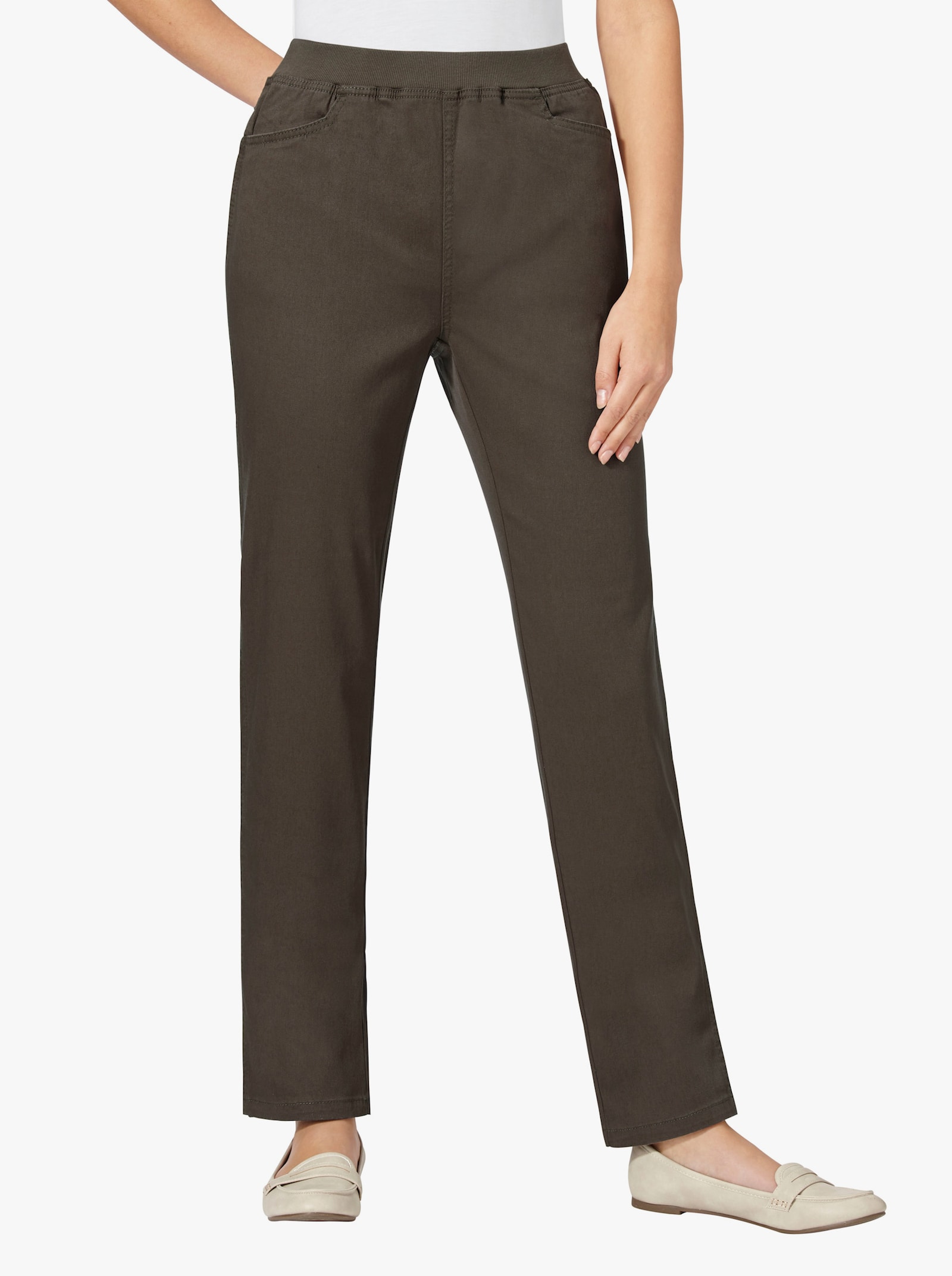 Stretchjeans met comfortband rondom - kaki