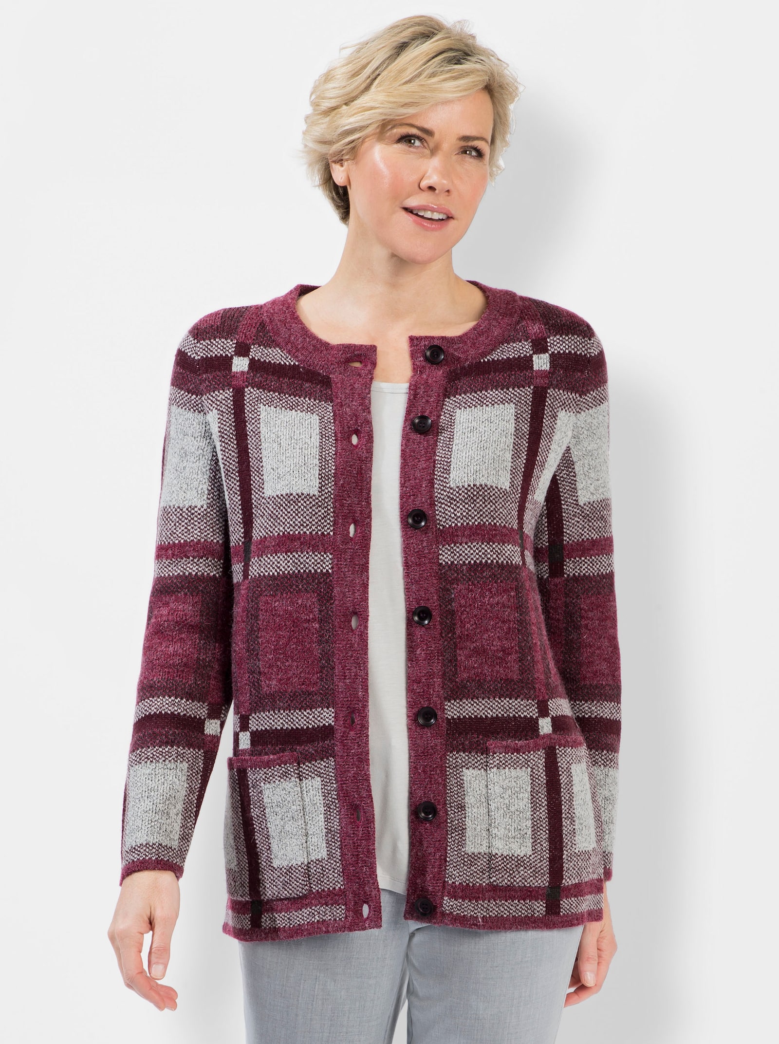 Strickjacke im Jacquard-Dessin - bordeaux-graphit-gemustert