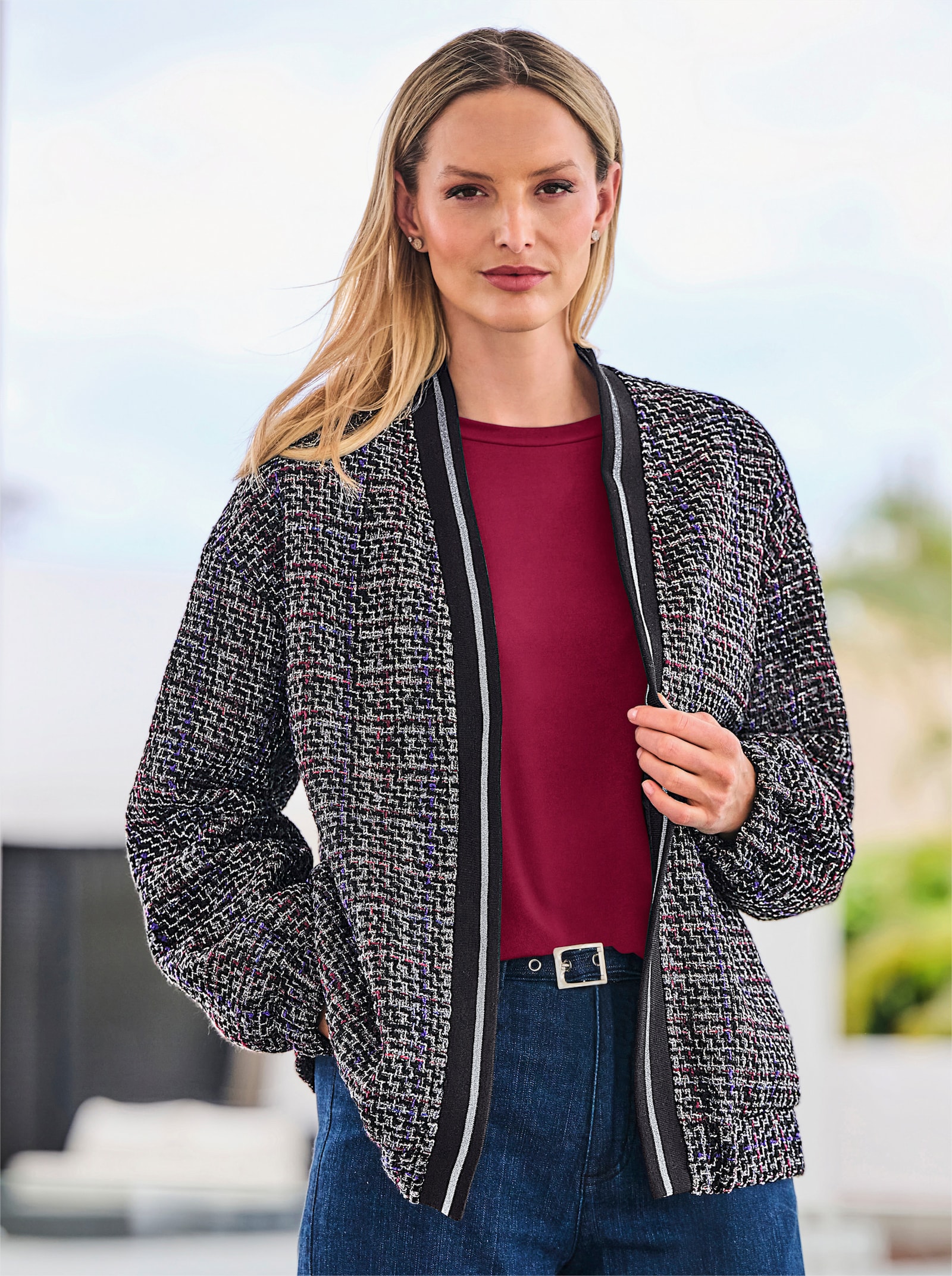 heine Blousonjacke mit Effektgarn - schwarz-bordeaux-gemustert