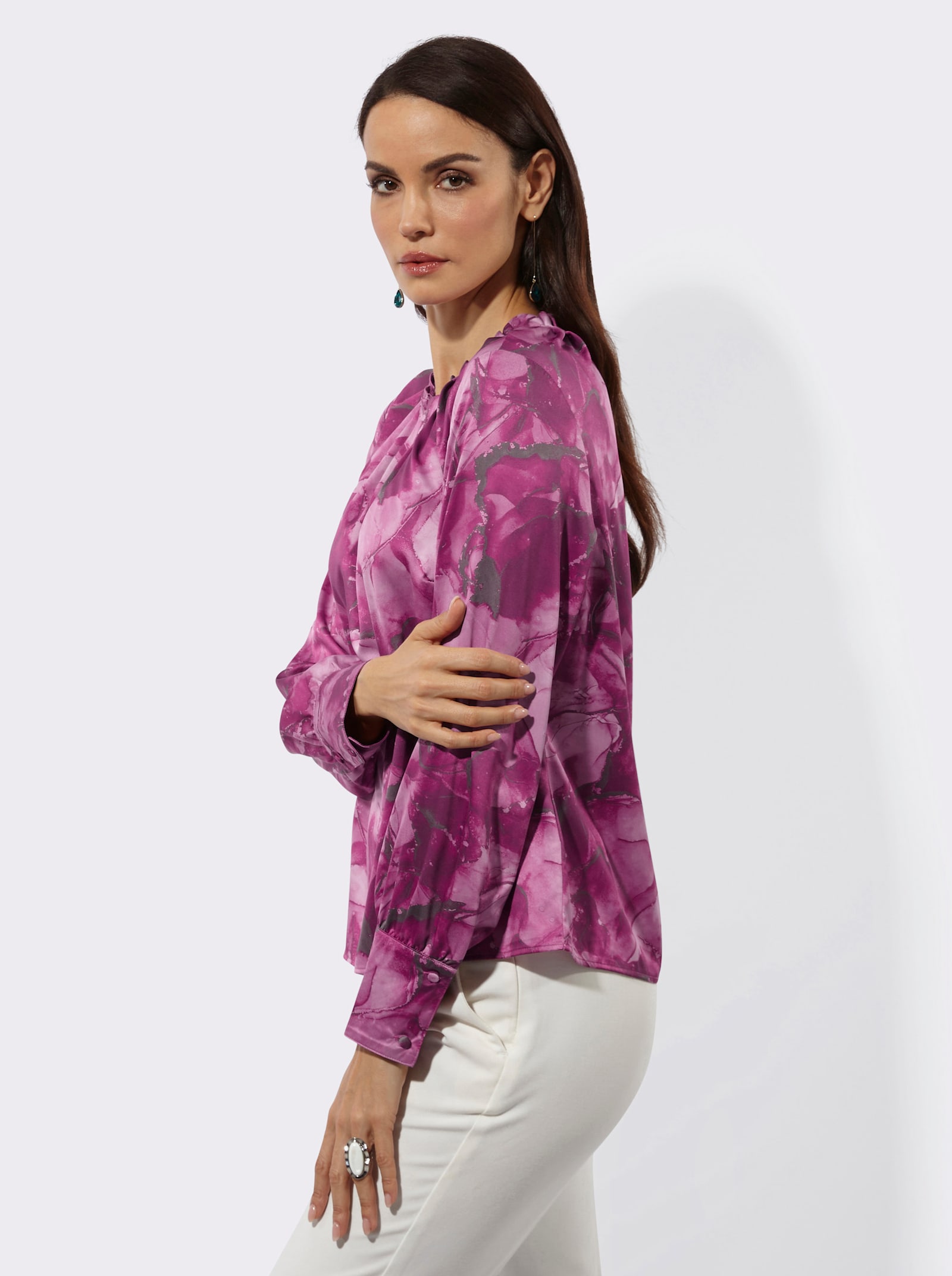 Satinbluse mit Falten am Ausschnitt - malve-dunkelrot-bedruckt