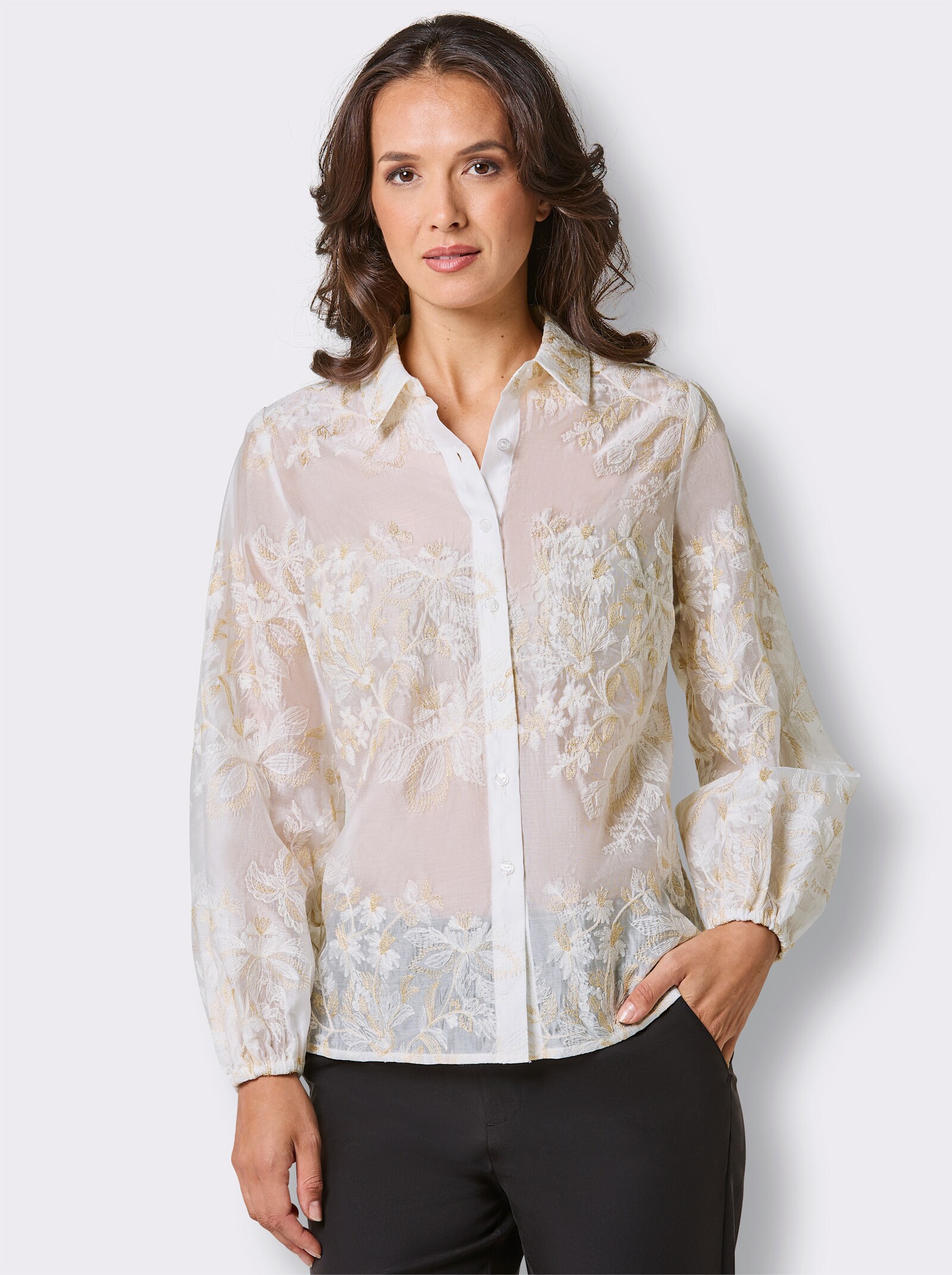 CREATION L PREMIUM Langarm-Bluse mit Stickerei - ecru-sand