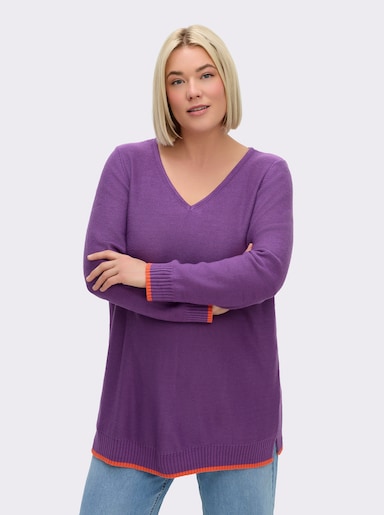 sheego V-Ausschnitt-Pullover mit Kontraststreifen - lila-orange