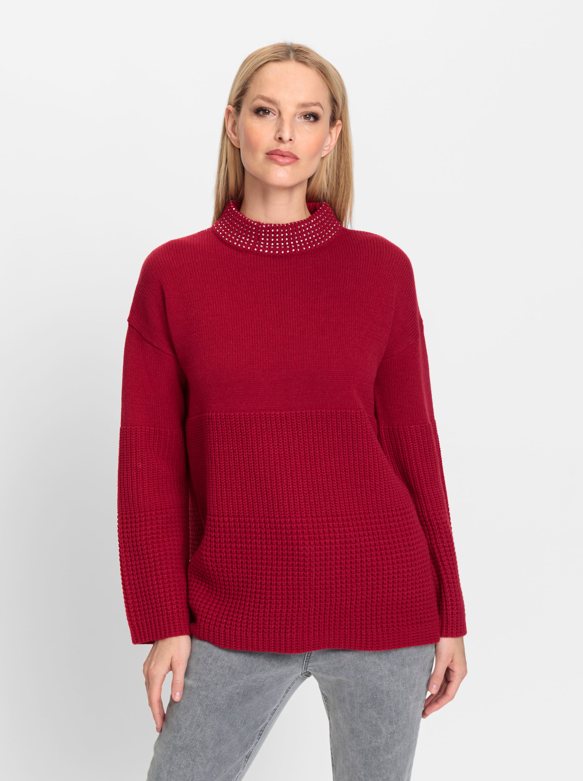 Was eine günstig Kaufen-Pullover in rot von heine. Pullover in rot von heine <![CDATA[Pullover Mit aufwendigem Strickmuster. Stehkragen mit Glitzersteinchen, überschnittene Schultern und etwas weiterer Langarm.]]>. 