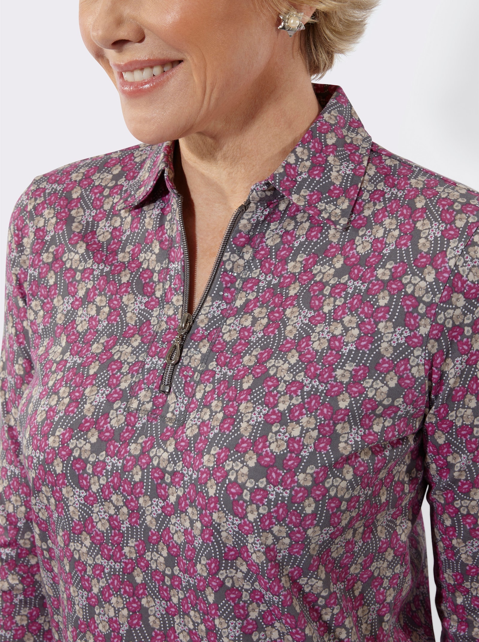 Poloshirt mit Glitzersteinchen - anthrazit-rosé-bedruckt