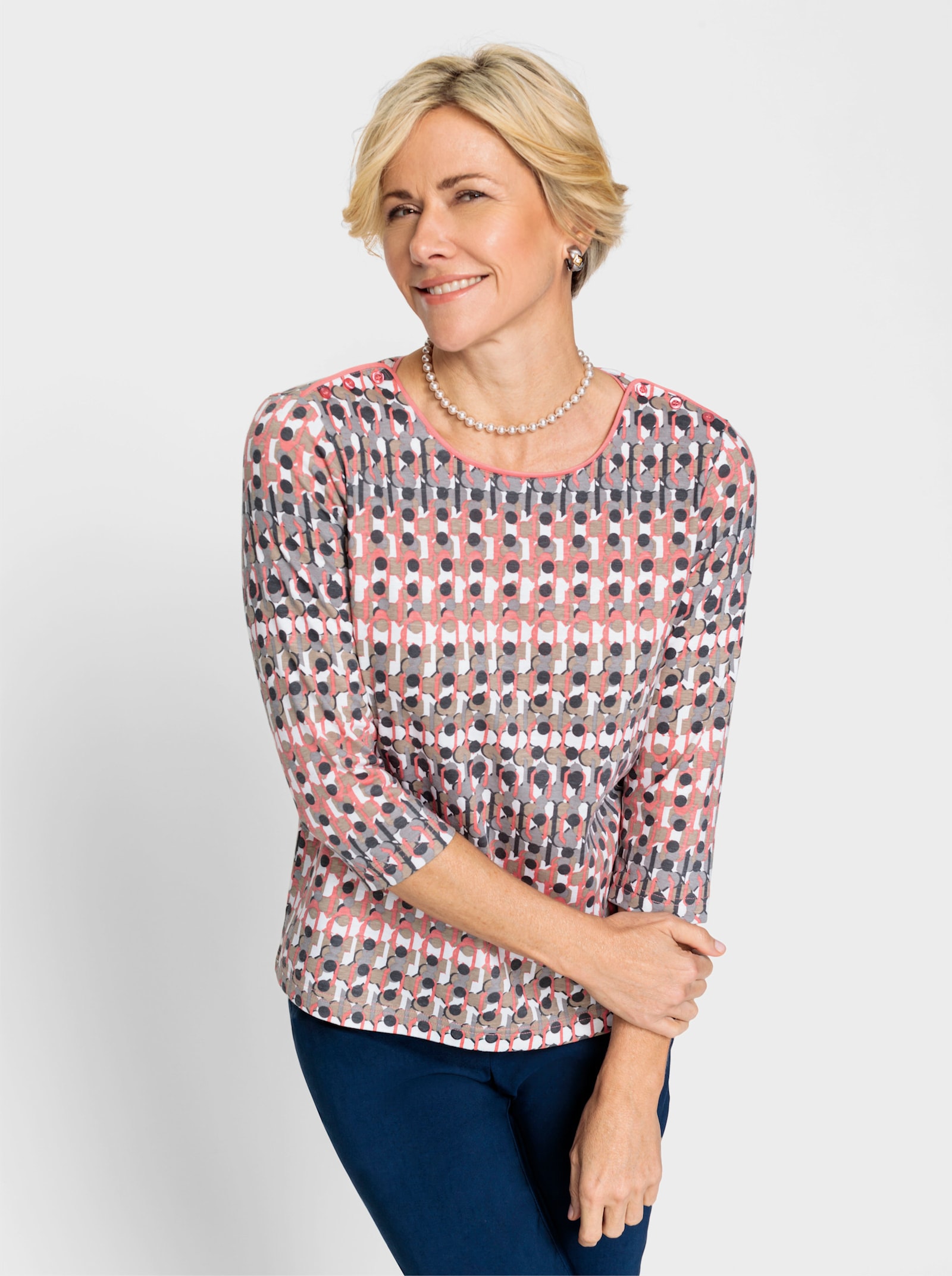 3/4-Arm-Shirt mit Zierknöpfen - flamingo-grau-bedruckt