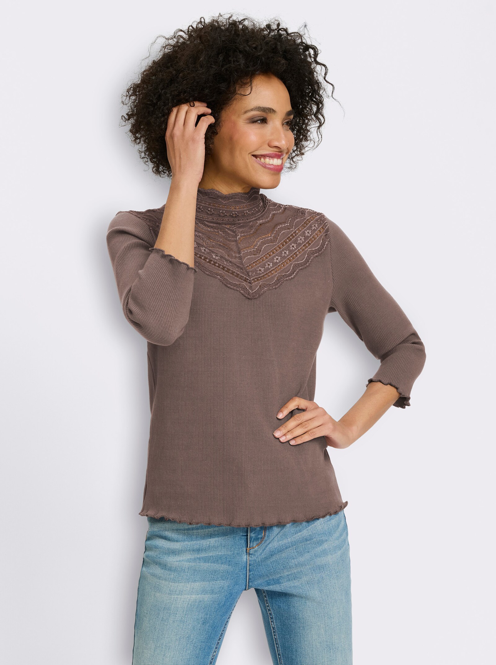 heine 3/4-Arm-Shirt mit Spitzeneinsatz - dunkeltaupe
