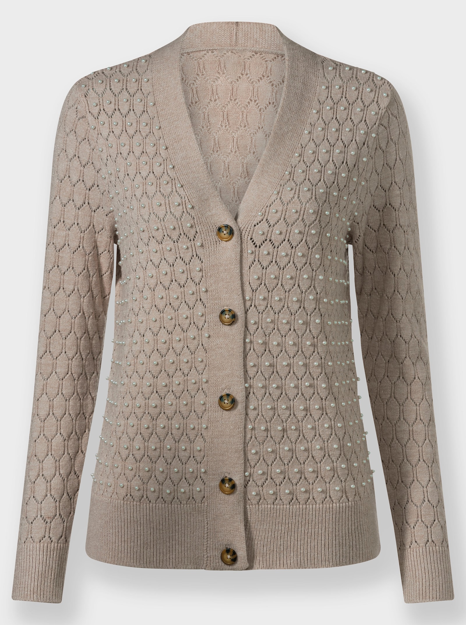 Ajourstrickjacke mit Zierperlen - sesam-meliert