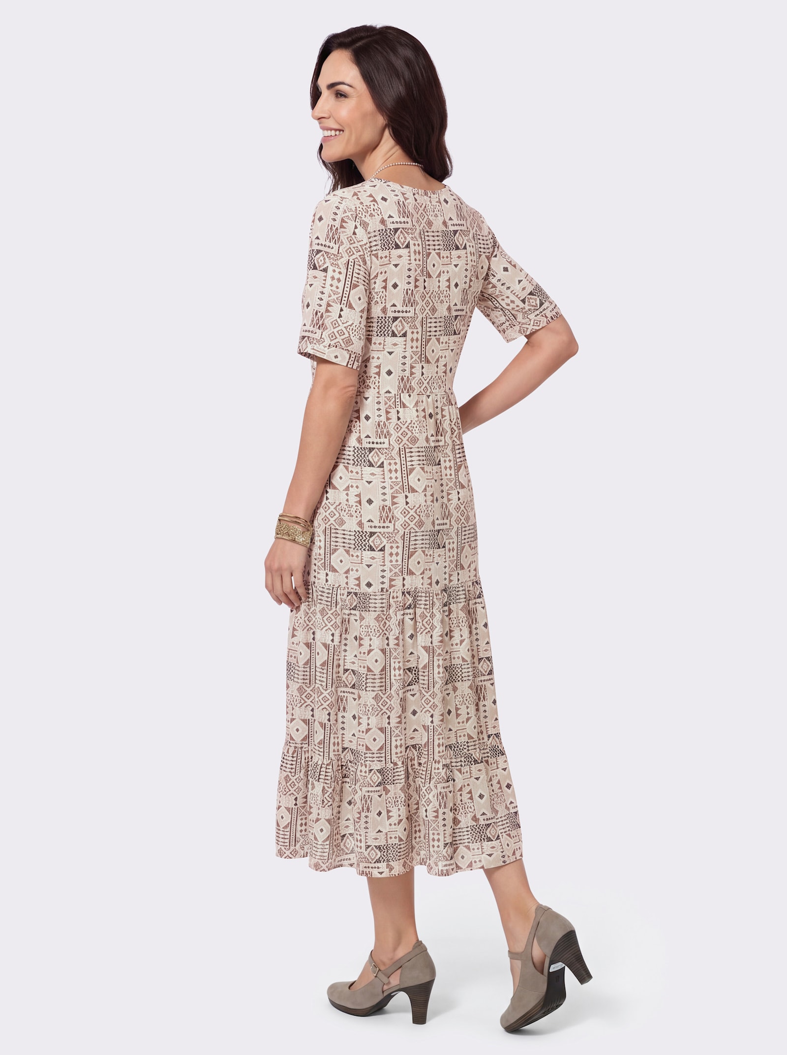 Druckkleid mit 2 Nahttaschen - sand-schwarz-bedruckt