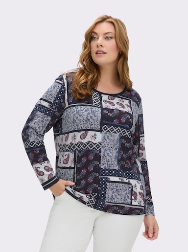 Langarmshirt im Patchwork-Dessin - marine-bedruckt