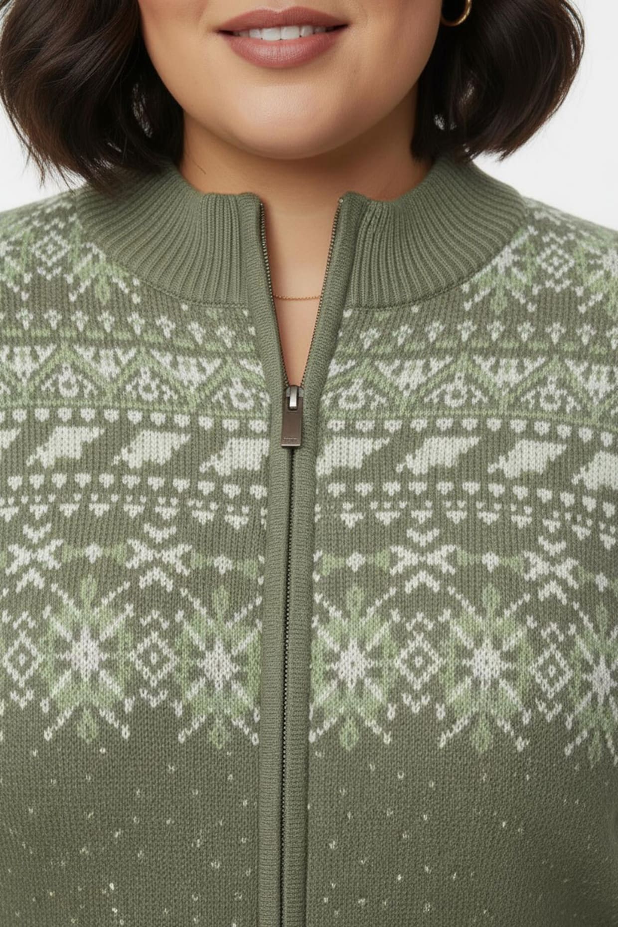 Jacquardstrickjacke im Norweger-Stil - khaki-ecru-gemustert