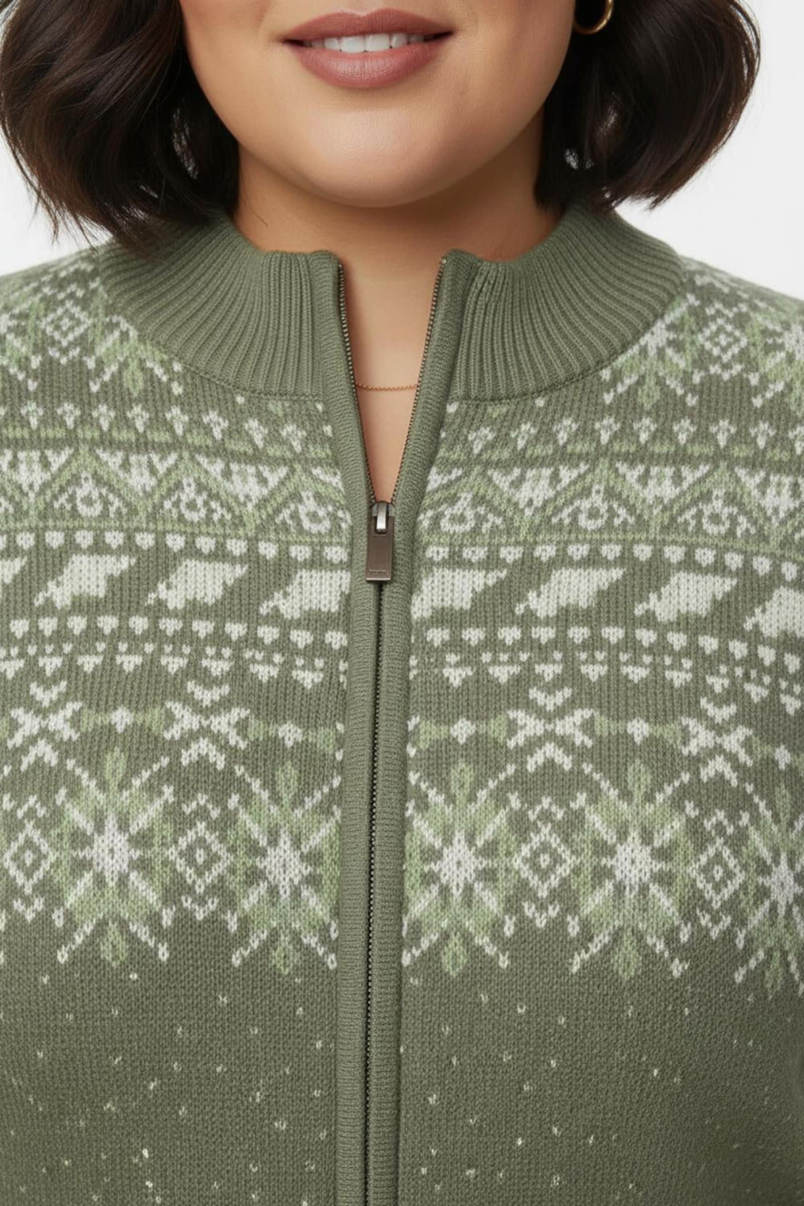 Jacquardstrickjacke im Norweger-Stil - khaki-ecru-gemustert