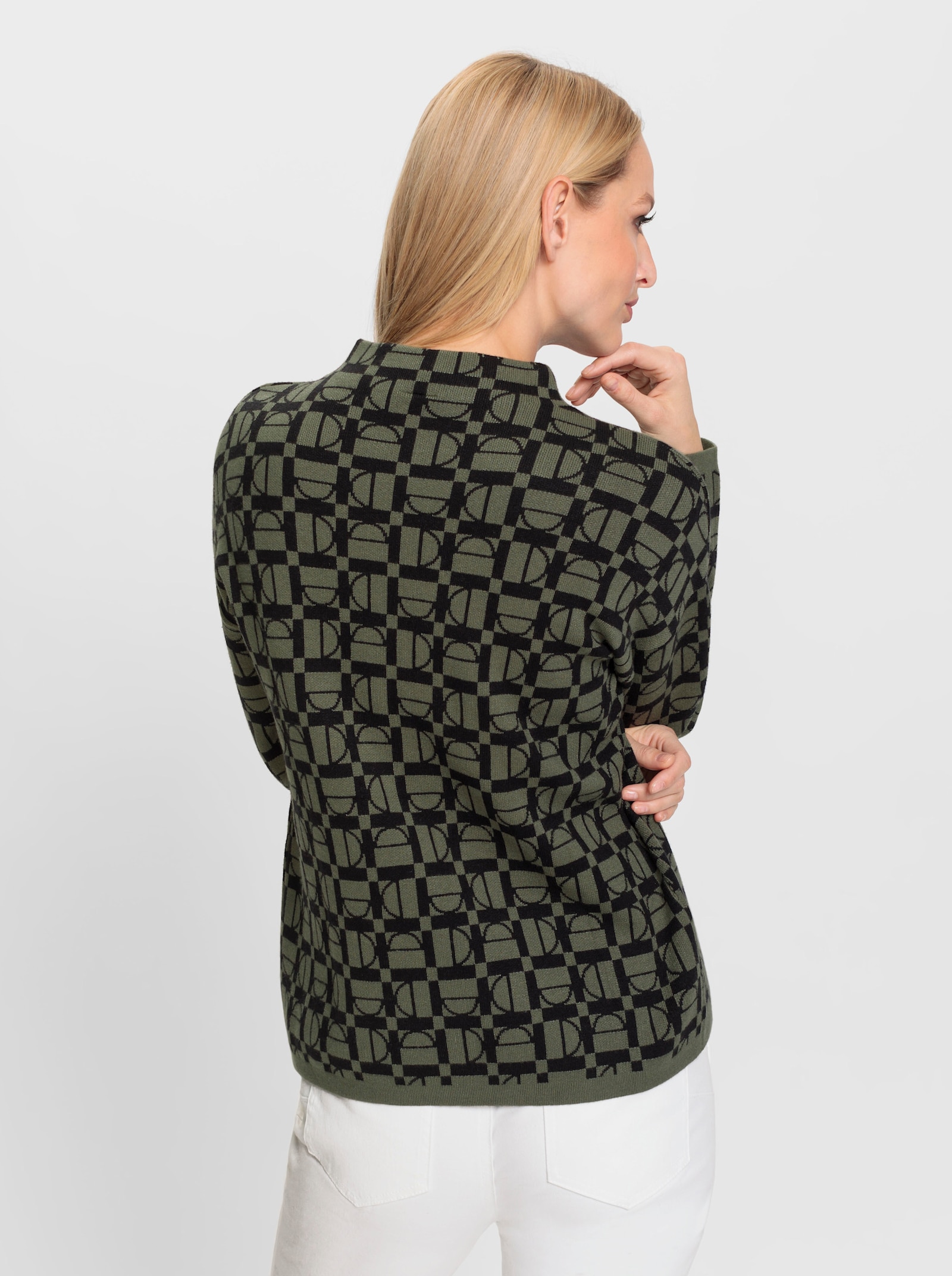 heine Stehkragenpullover in grafischem Jacquard-Muster - khaki-schwarz-gemustert