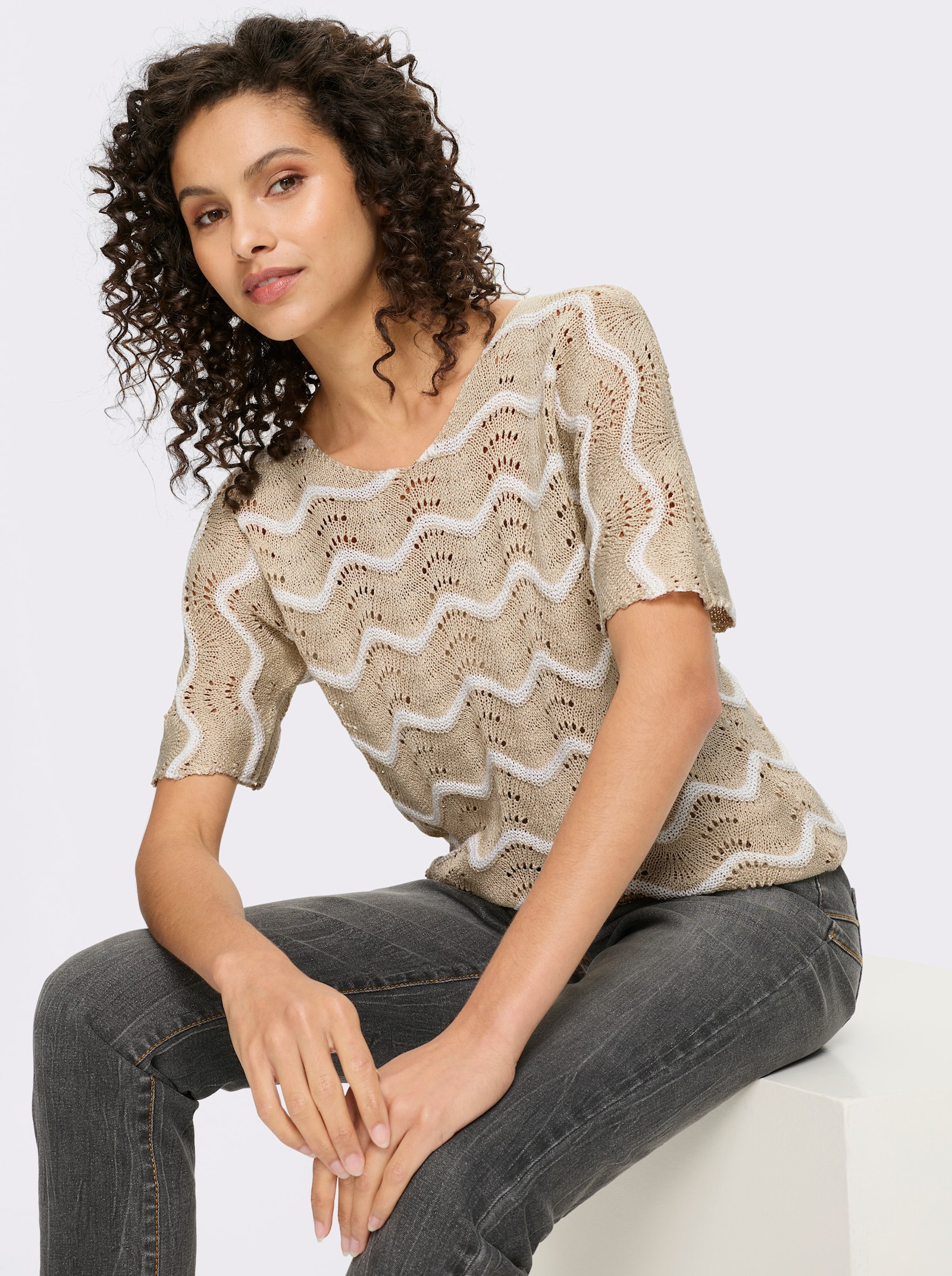 heine Ajourpullover met golfdessin - zand