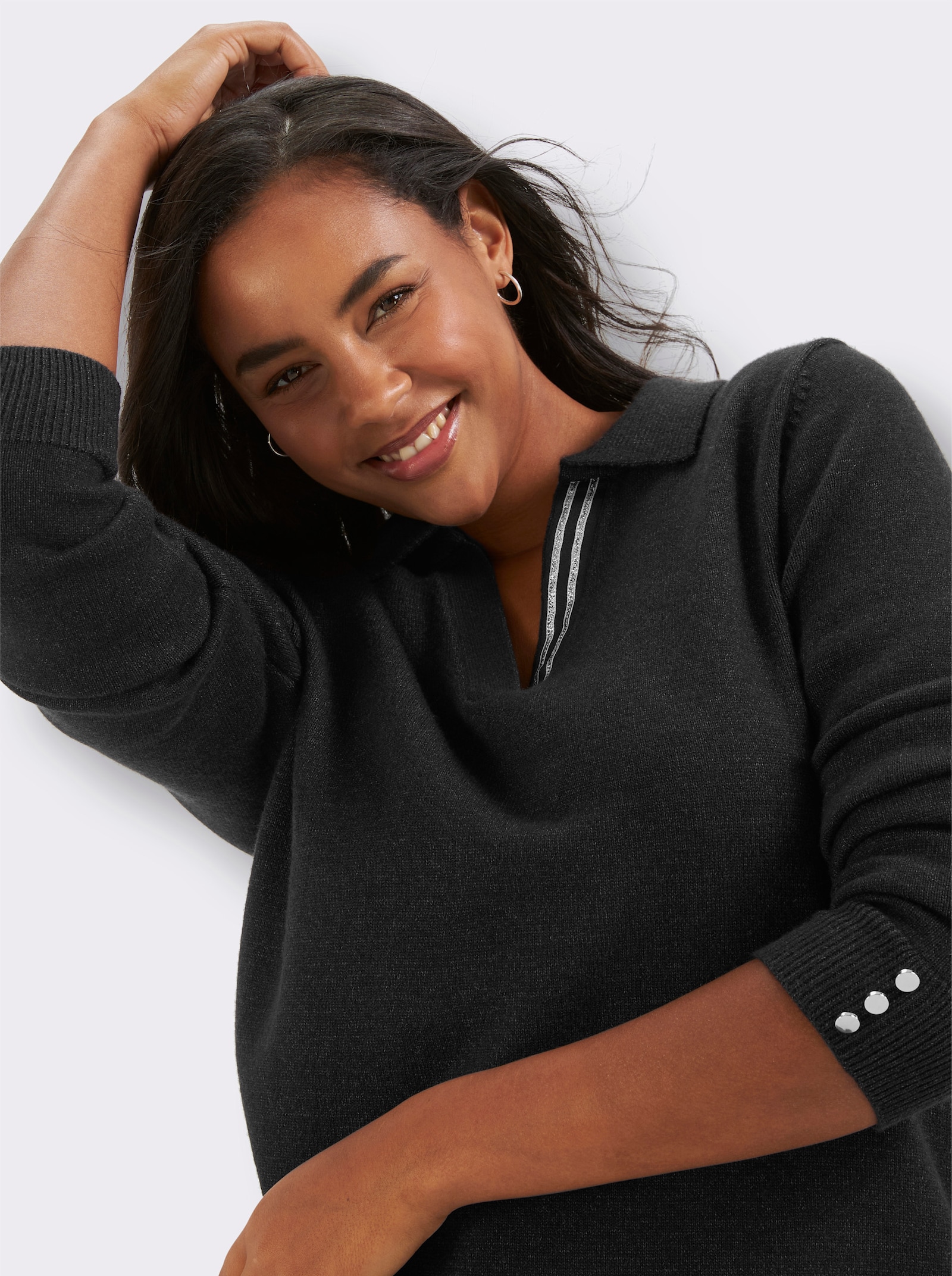 sheego Polopullover mit Seitenschlitzen - schwarz-anthrazit-meliert