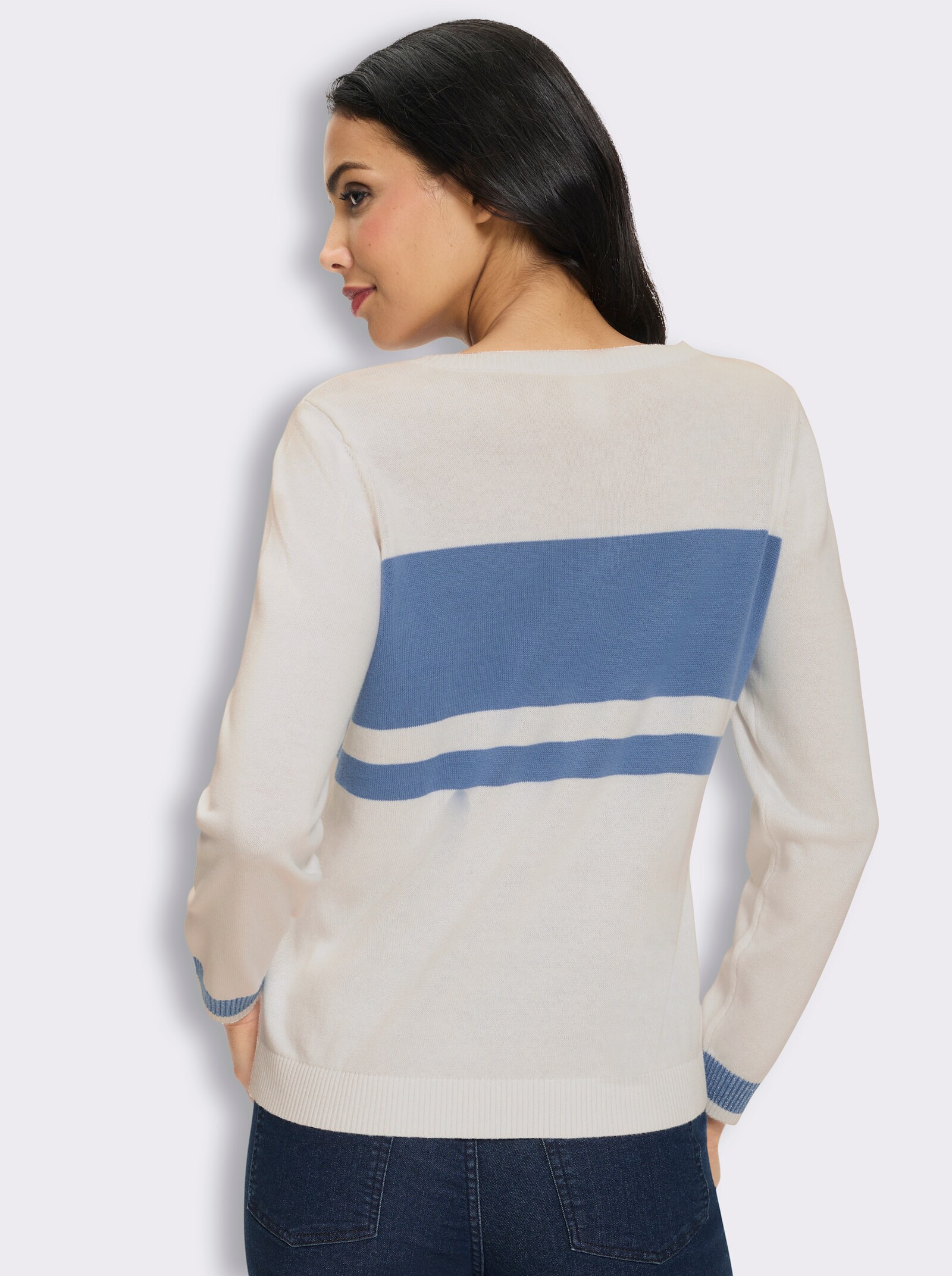Langarm-Pullover mit Schriftzug - ecru-mittelblau