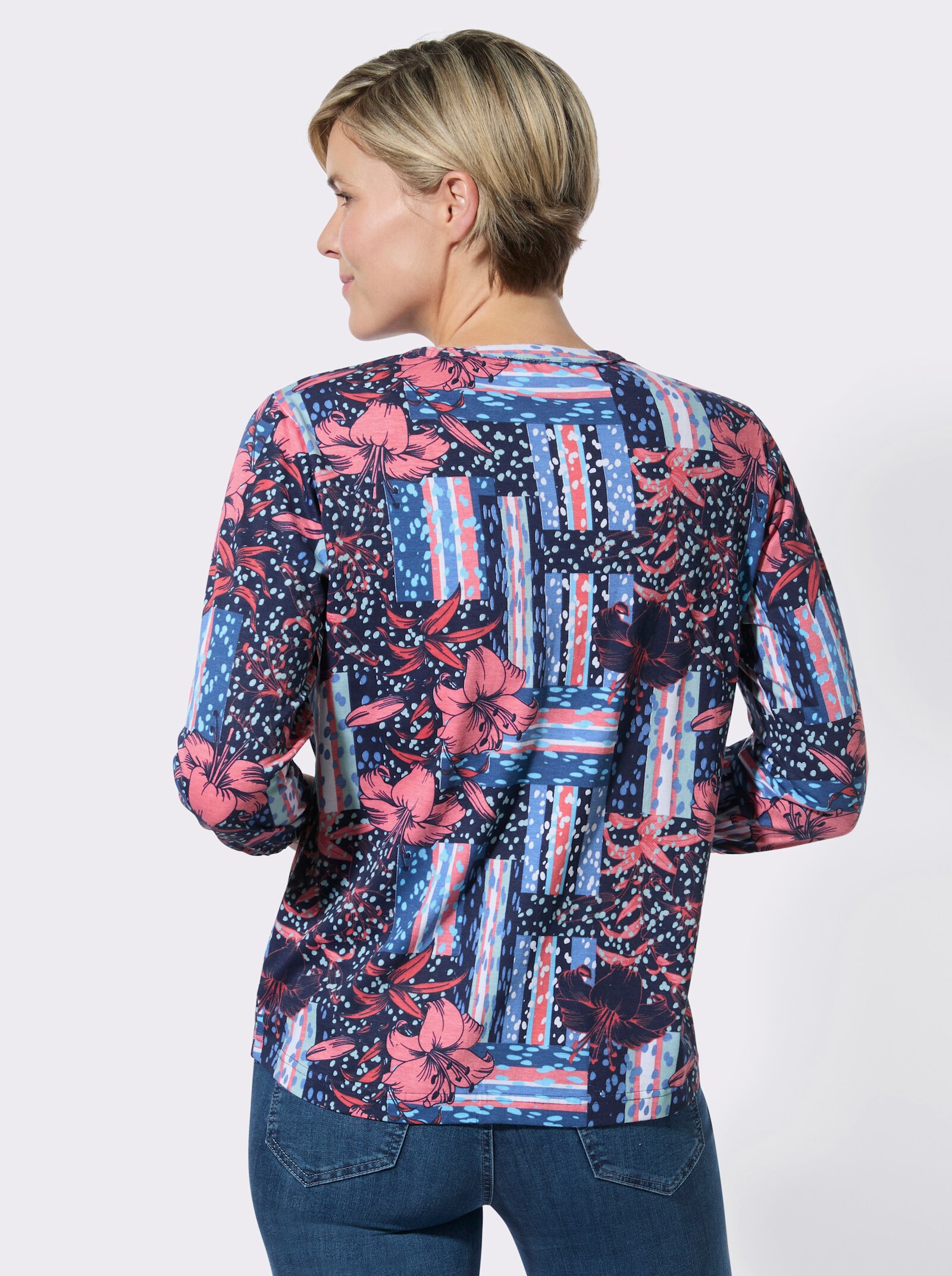 Print-Shirt mit grafischem Muster - mittelblau-koralle-bedruckt