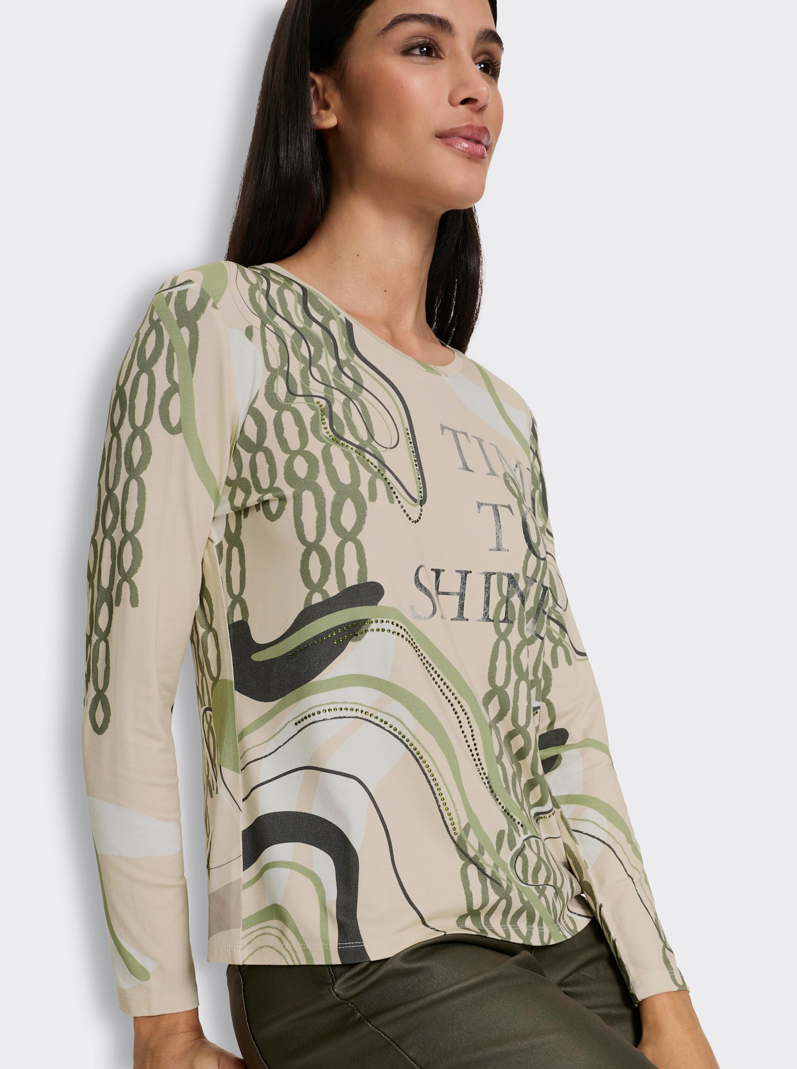 heine Langarmshirt mit Glitzersteinchen - elfenbein-khaki-bedruckt