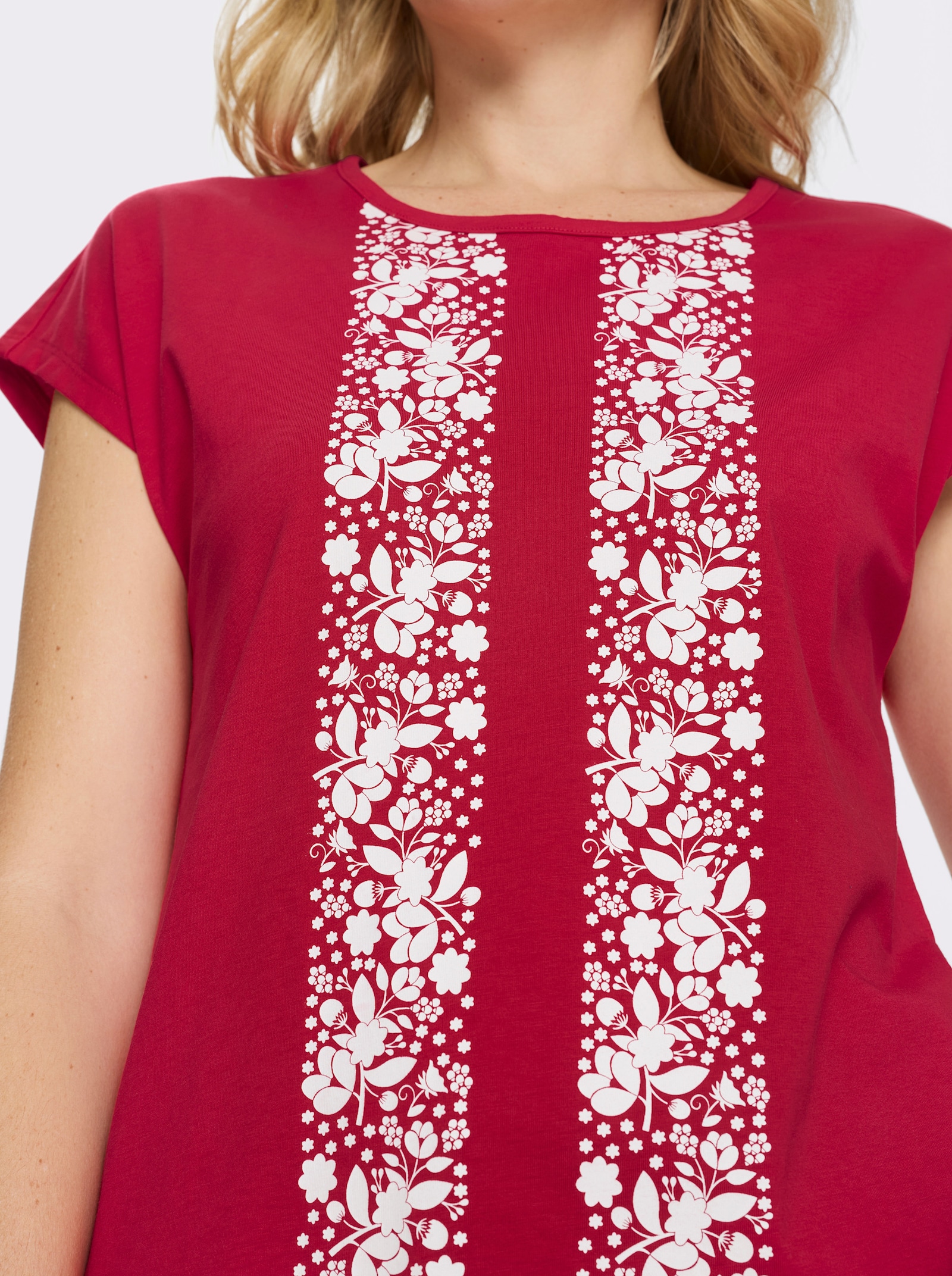 Kurzarmshirt mit Blumenmuster - rot-weiß