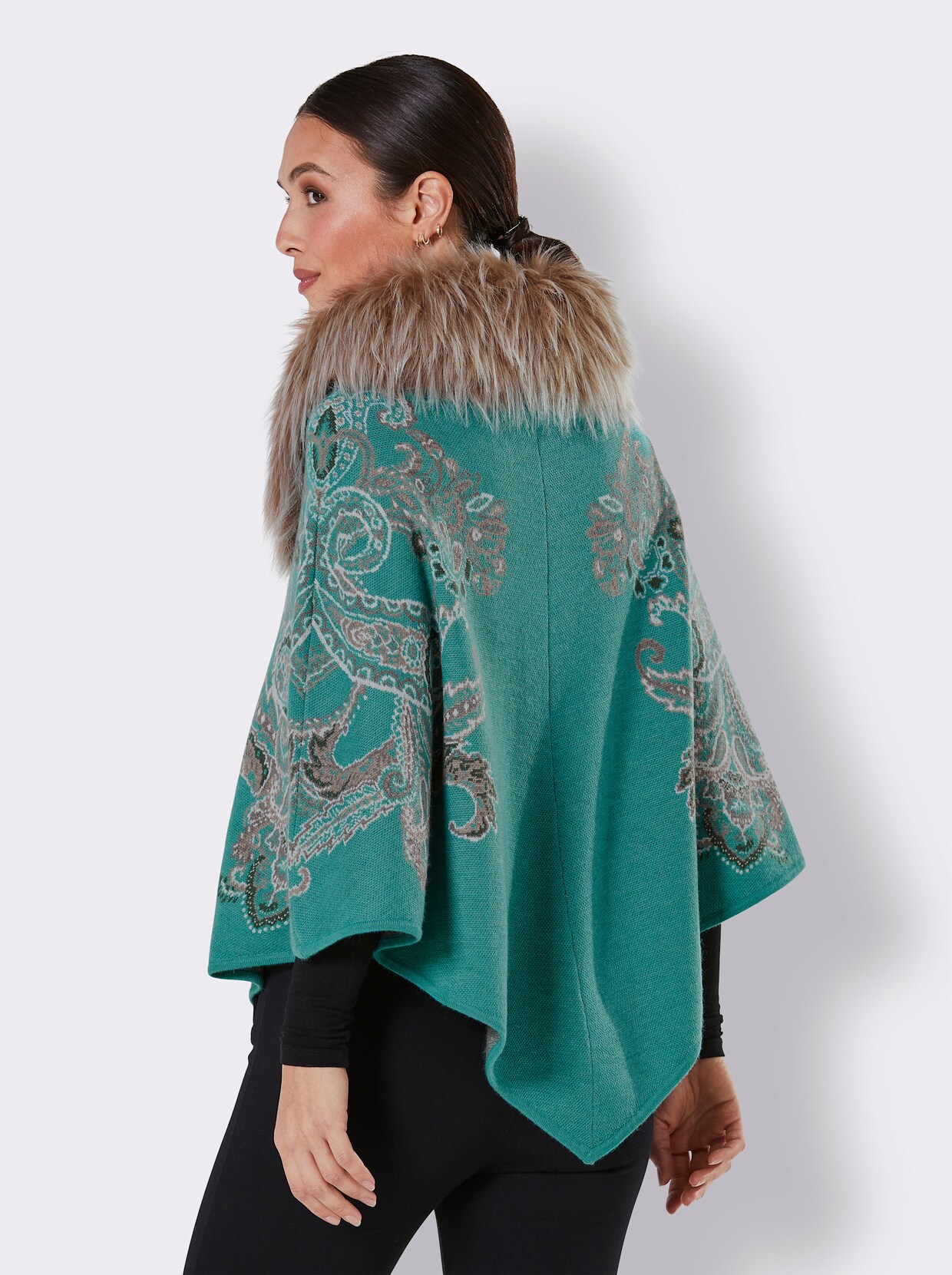 CREATION L PREMIUM Gebreide poncho - smaragdgroen/sesam gedessineerd