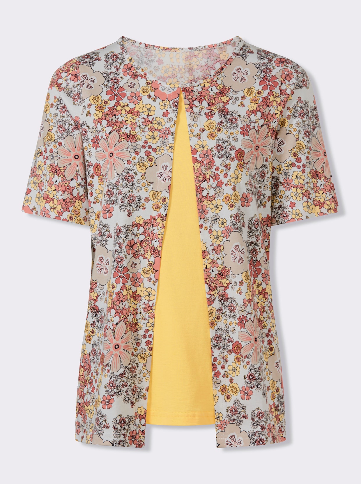2-in-1-Shirt mit floralem Muster - ecru-papaya-bedruckt