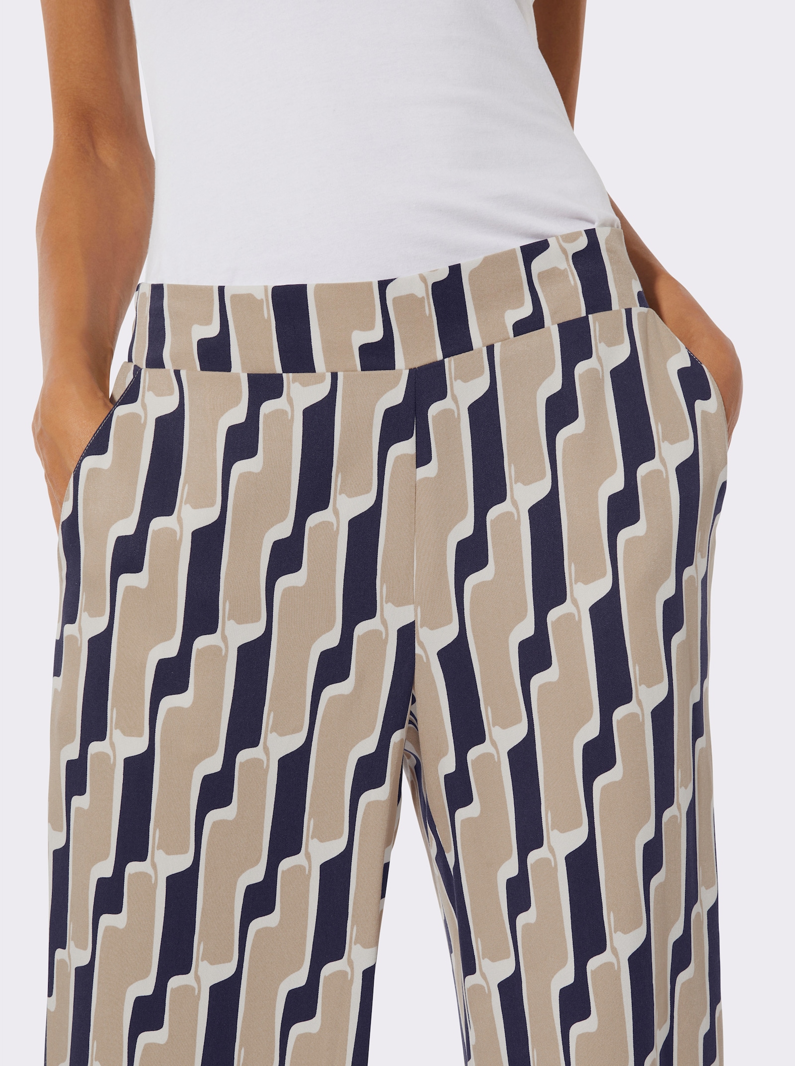 Palazzohose mit weiten Beinen - beige-marine-bedruckt