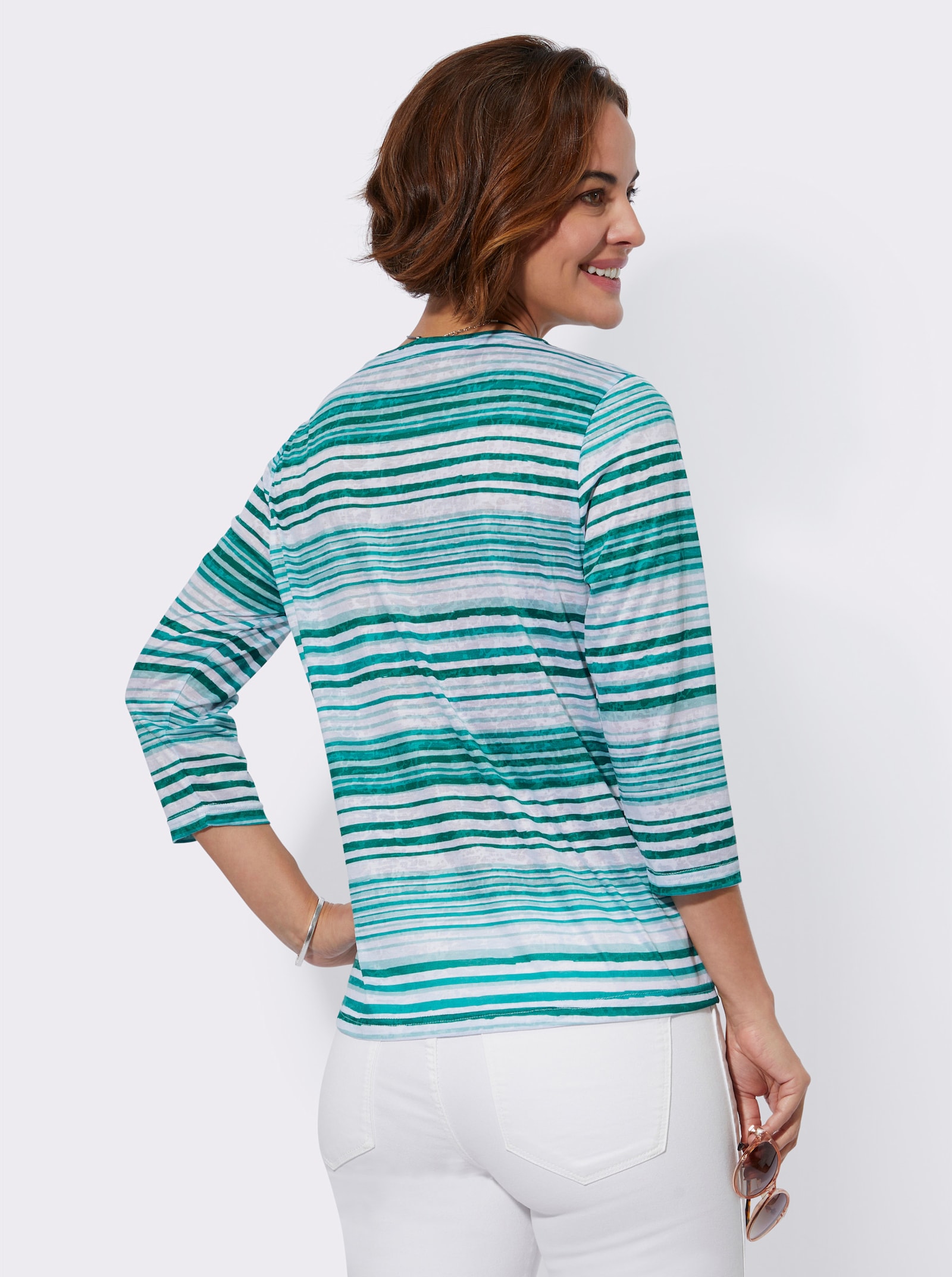 Ringelshirt mit leicht transparenten Partien - smaragd-ecru-bedruckt