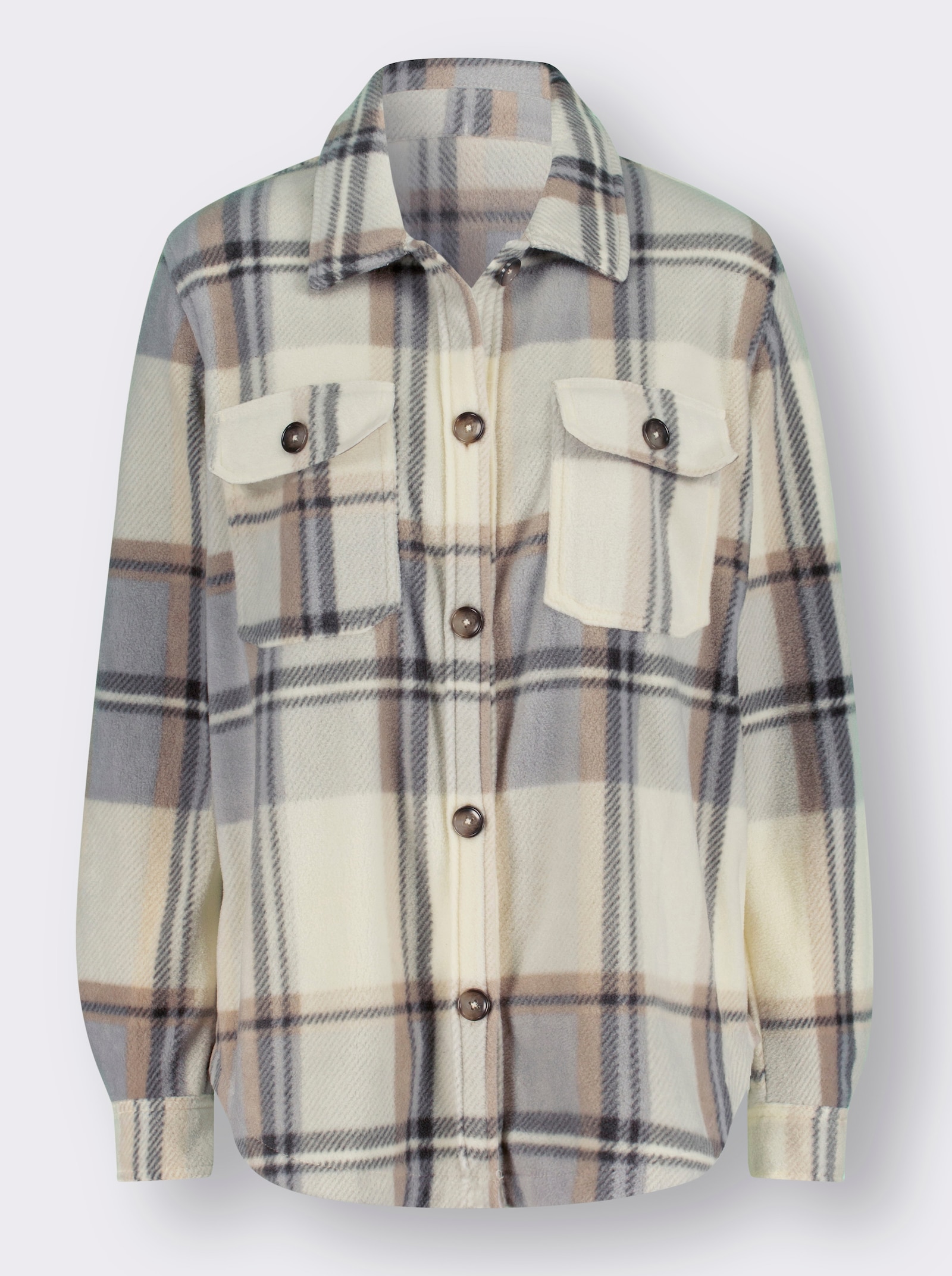 Fleecejacke mit Knöpfen in Horn-Optik - champagner-steingrau-kariert