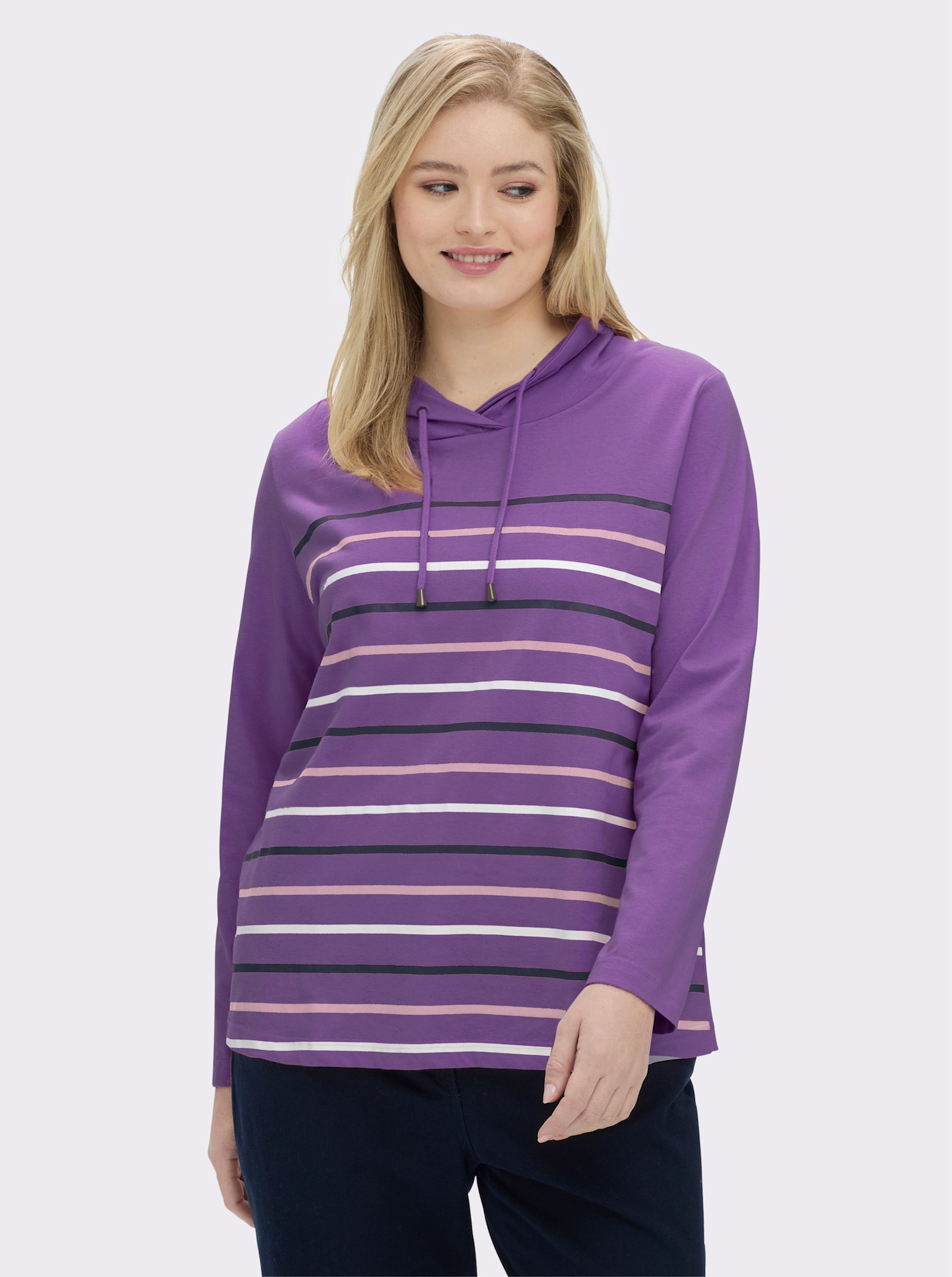 Stehkragenshirt mit Tunnelzug - lila-geringelt