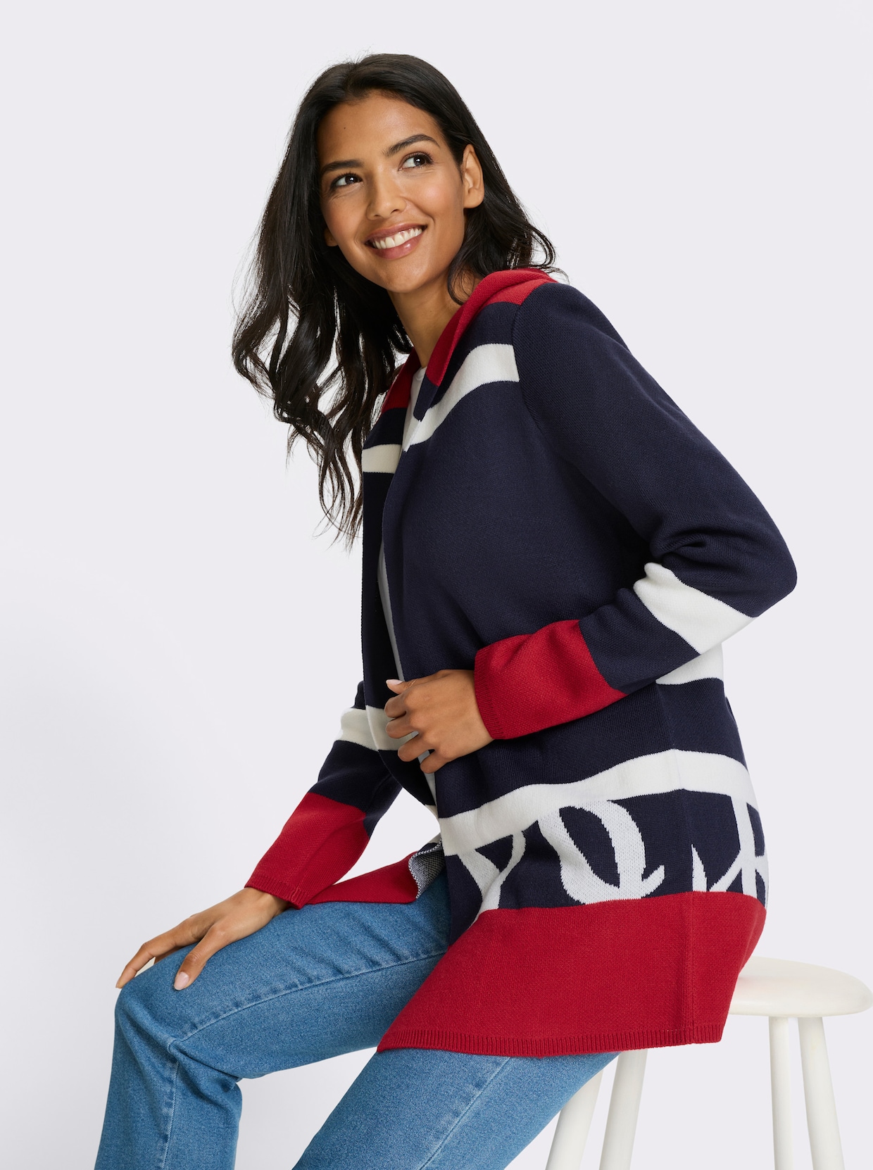 Longstrickjacke - marine-weiß-geringelt