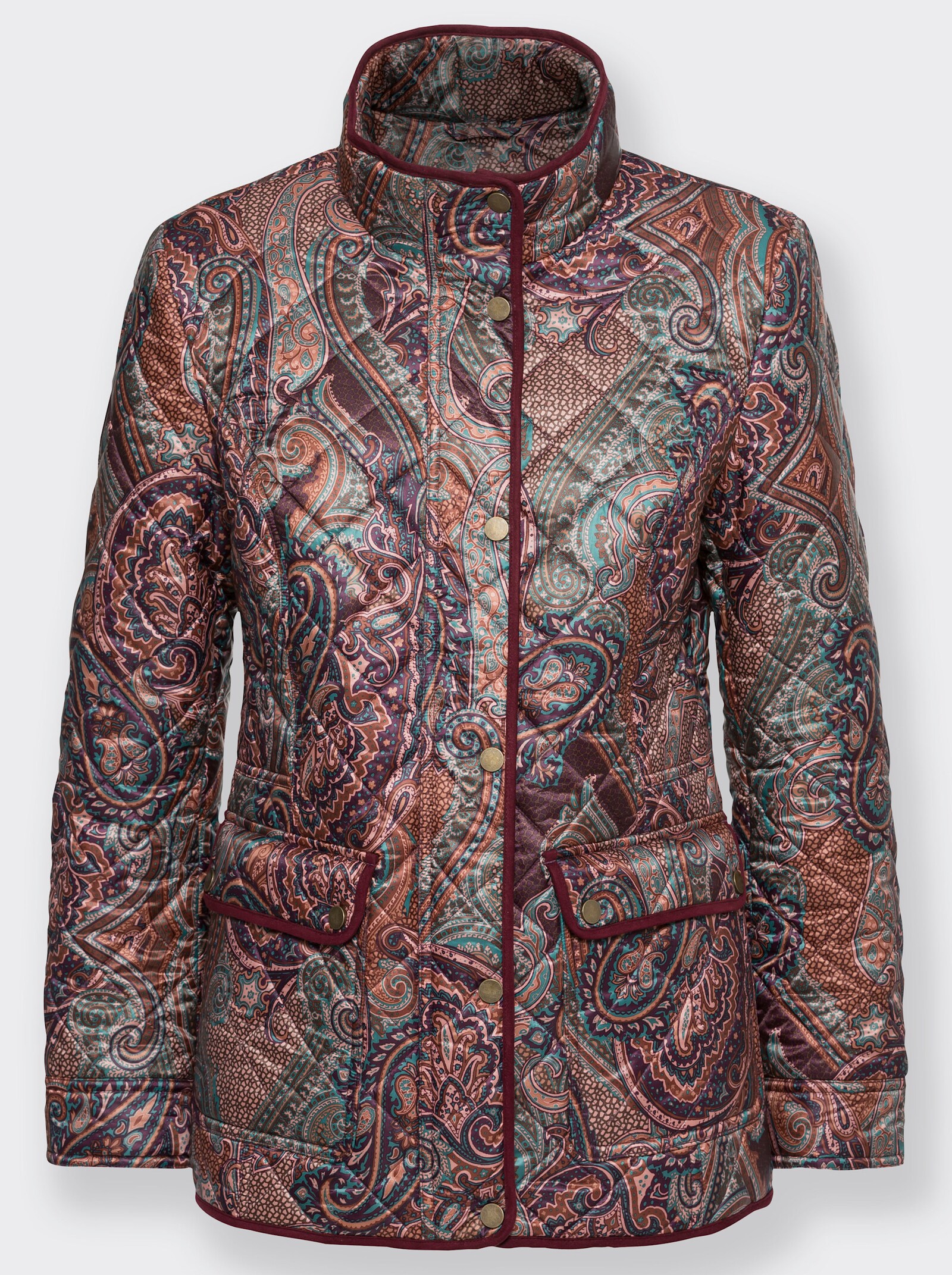 Steppjacke mit Kontrast-Paspel - burgund-aquapetrol-bedruckt