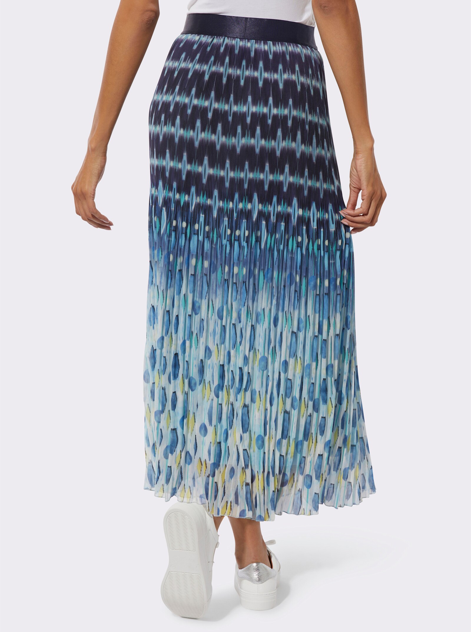 Plisseerock mit einfarbigem Elastikbund - marine-hellblau-bedruckt