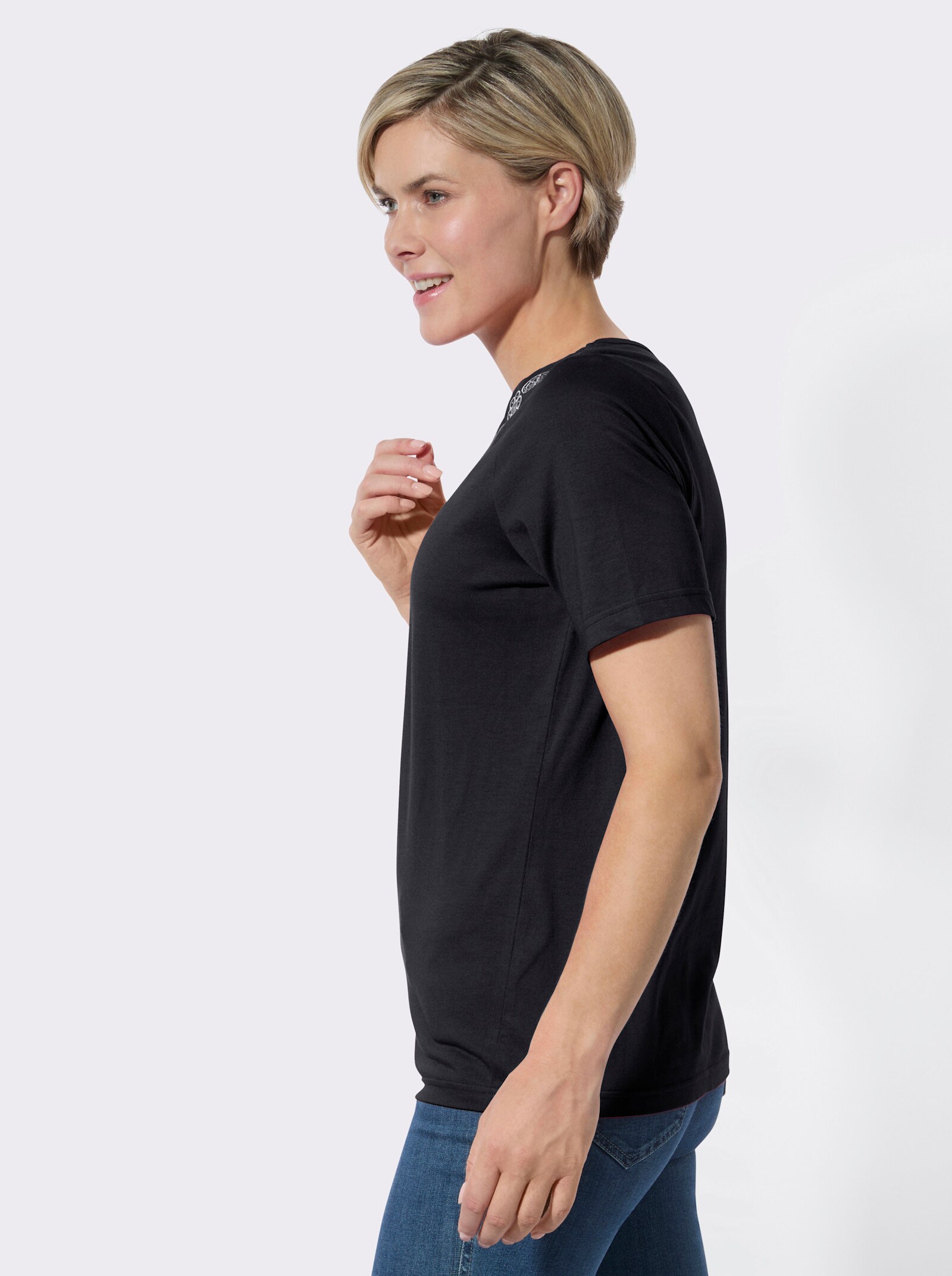 V-Shirt mit Stickereien und Glitzersteinchen - schwarz